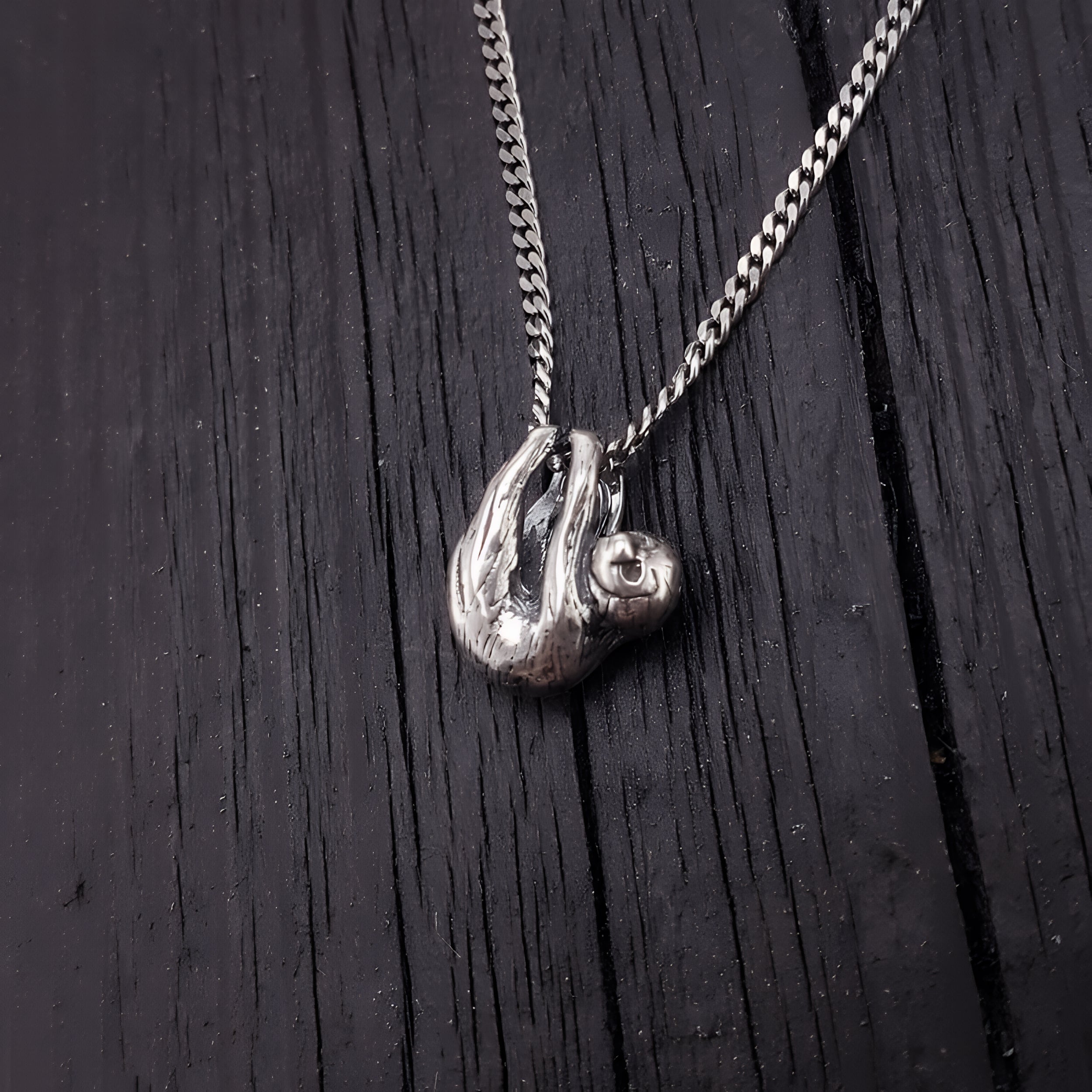 Baby Sloth Charm Pendant Necklace Solid Cast 925 Sterling Silver Three Dimensional Polished Oxidized Finish - Moon Raven Designs