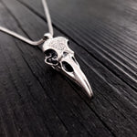 Engraved Raven Skull Pendant Necklace - Solid Hand Cast Stainless Steel - Polished Finish - Multiple Chain Options - Unisex Bird Skull Gift