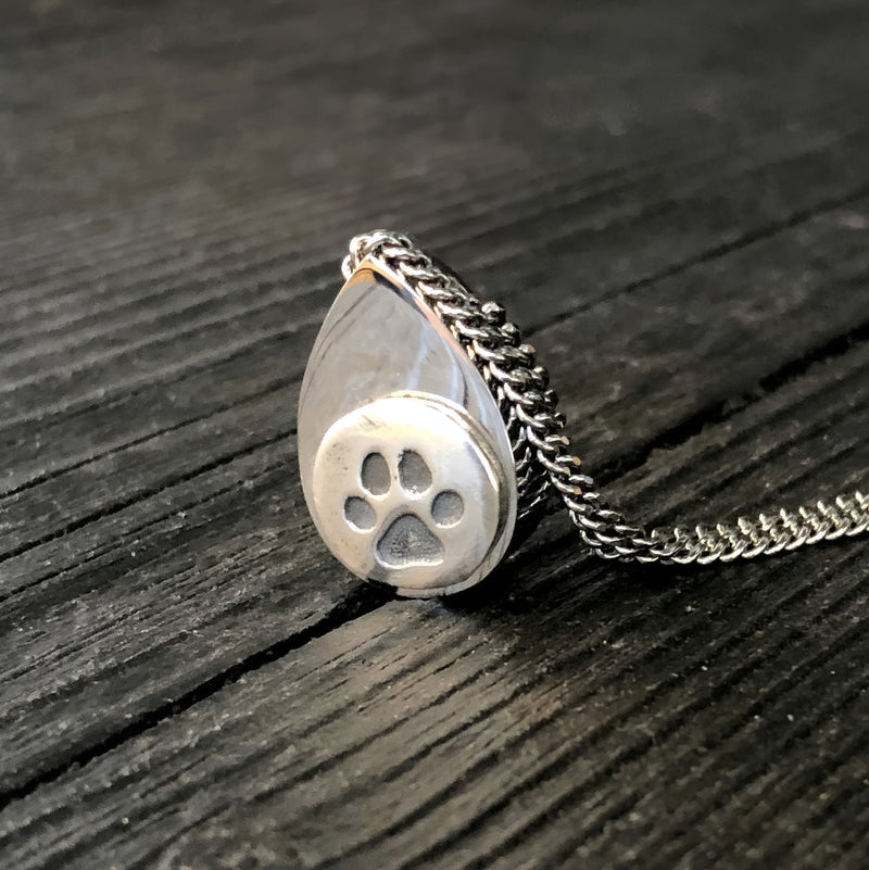 Cat Paw Print Tear Drop Cremation Ash Urn Necklace - Sterling Silver on Stainless Steel - Custom Engraved Personalised Mourning Pet Urn