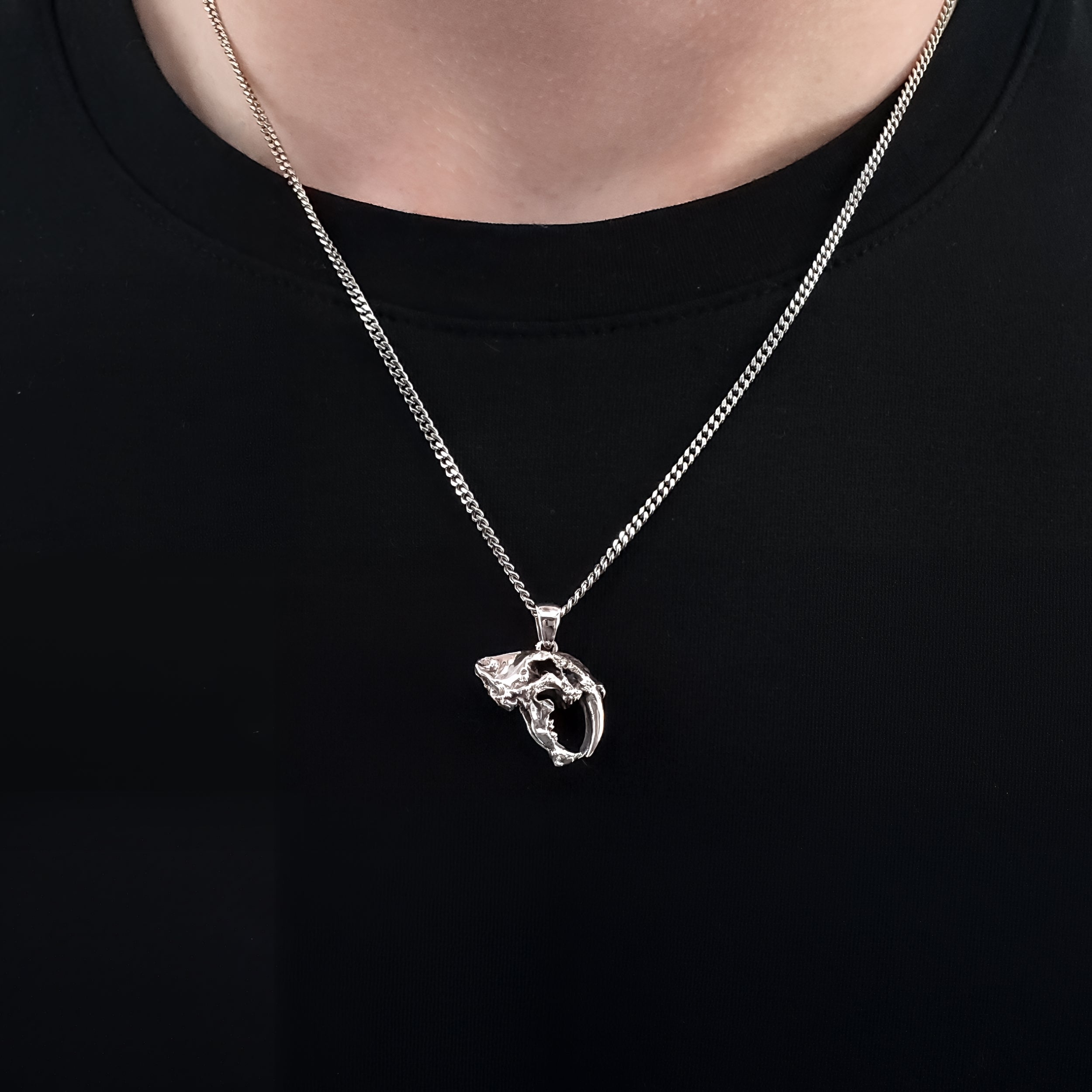 Sabre Tooth Animal Skull Charm Pendant Necklace - Solid 925 Sterling Silver - Unisex Ice Age Smilodon Inspired Jewelry Gift