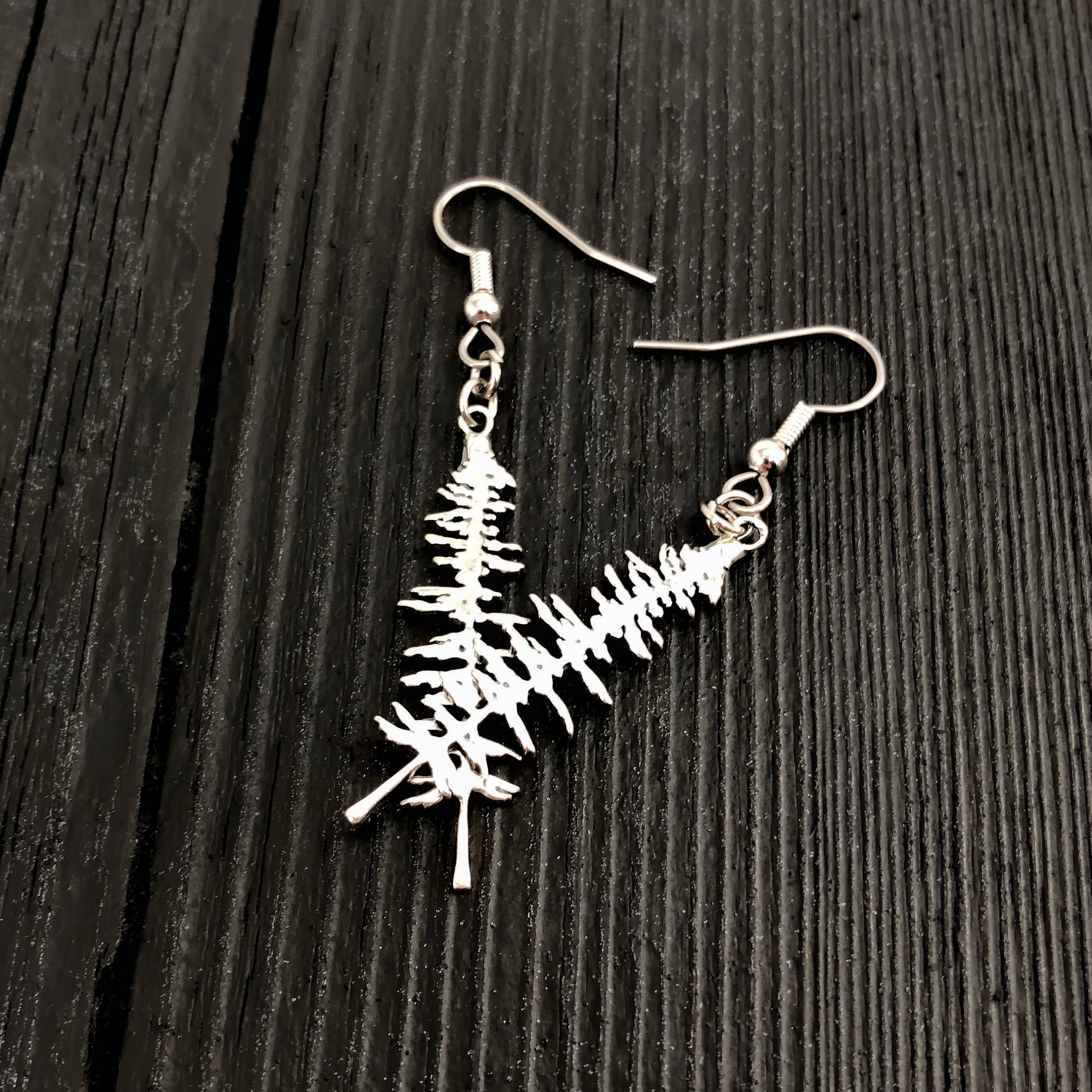 Silver Sitka Spruce Tree Silhouette Earrings  Solid Cast 925 Sterling Silver Polished Finish