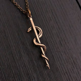 Rod Of Asclepius Pendant Necklace -Solid Hand Cast Bronze - Staff of Aesculapius - Medical First Responder Unisex Jewelry Gift