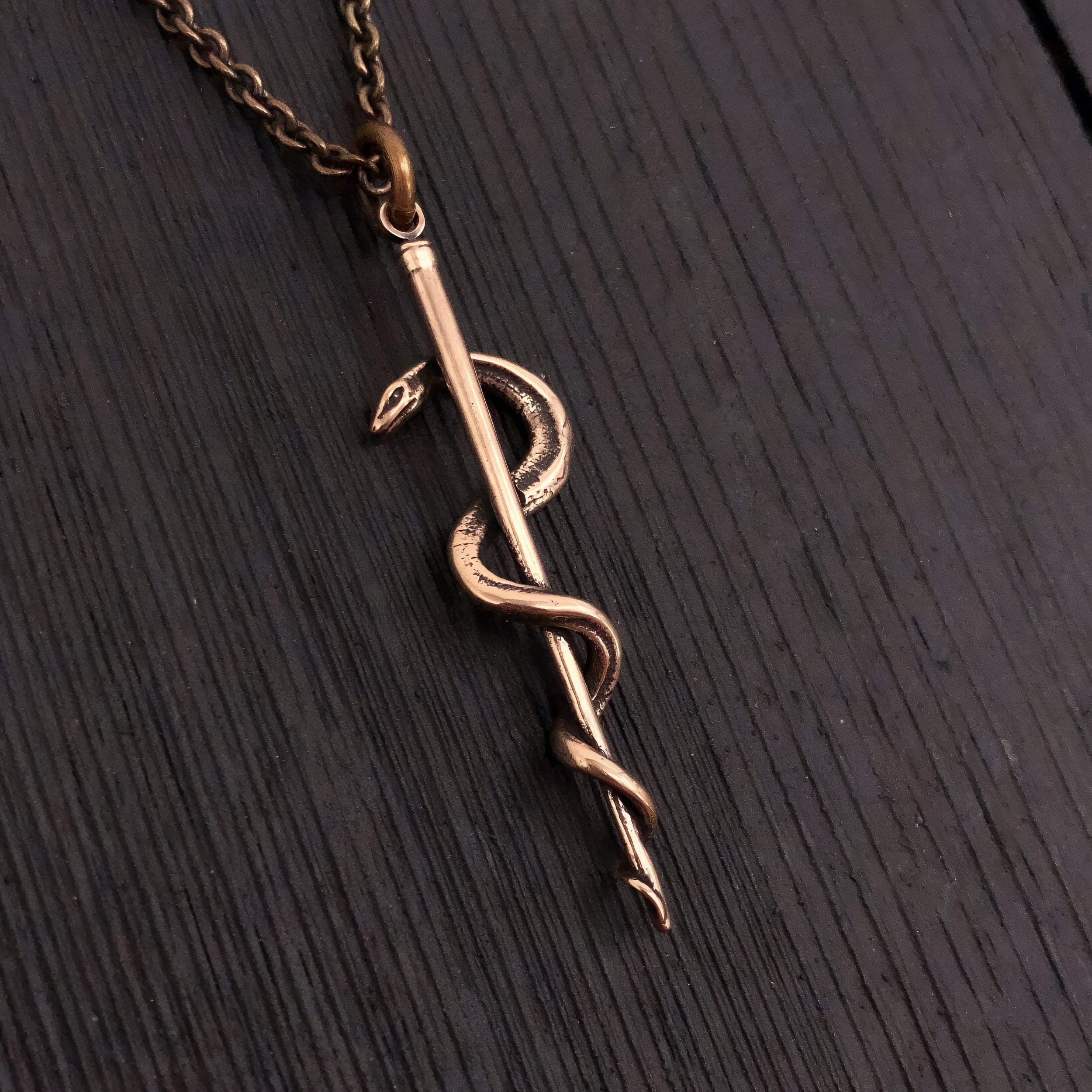 Rod Of Asclepius Pendant Necklace -Solid Hand Cast Bronze - Staff of Aesculapius - Medical First Responder Unisex Jewelry Gift
