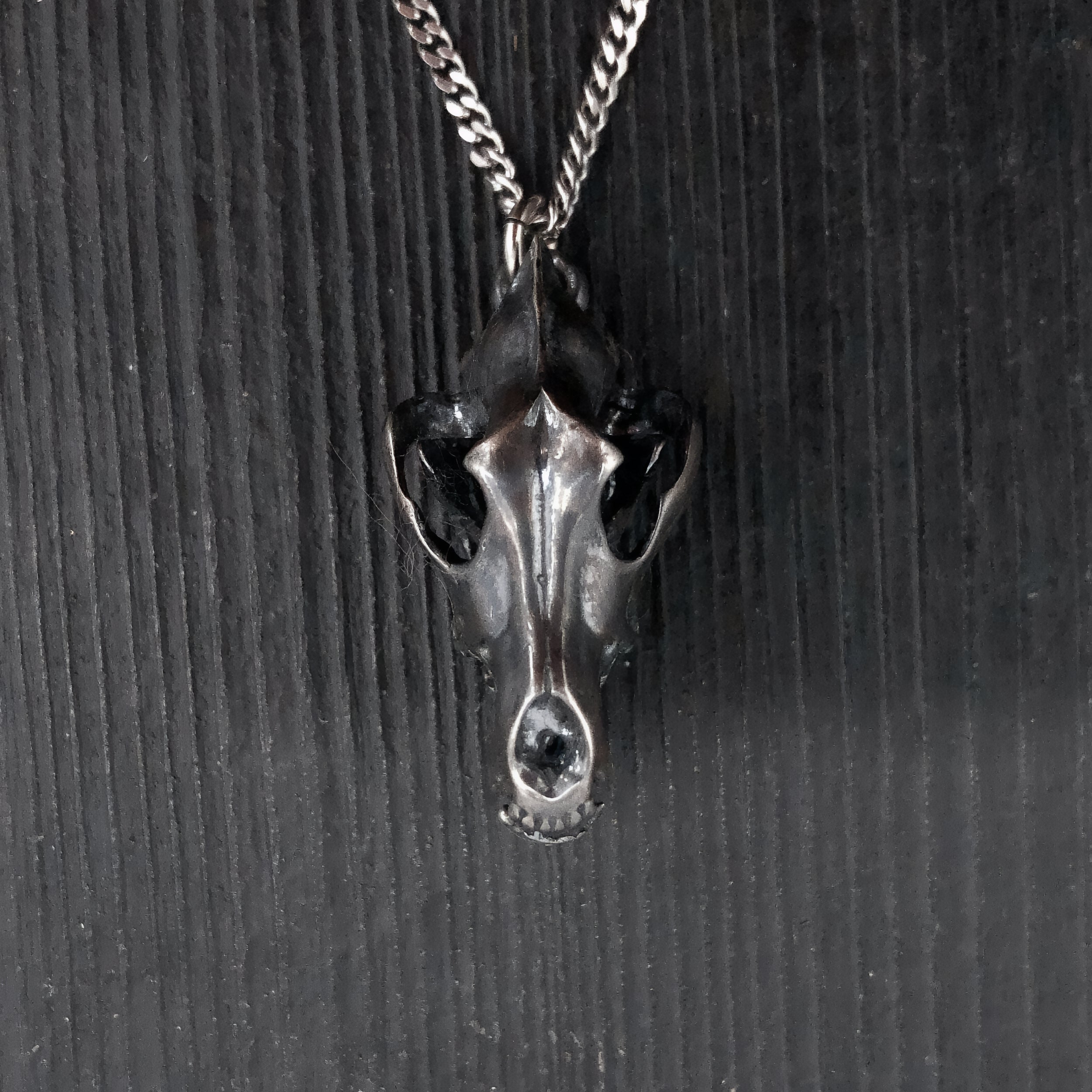 Grey Wolf Skull Pendant Necklace - Solid Sterling Silver - Dark Oxidized Finish - Multiple Chain Lengths - Animal Jewelry