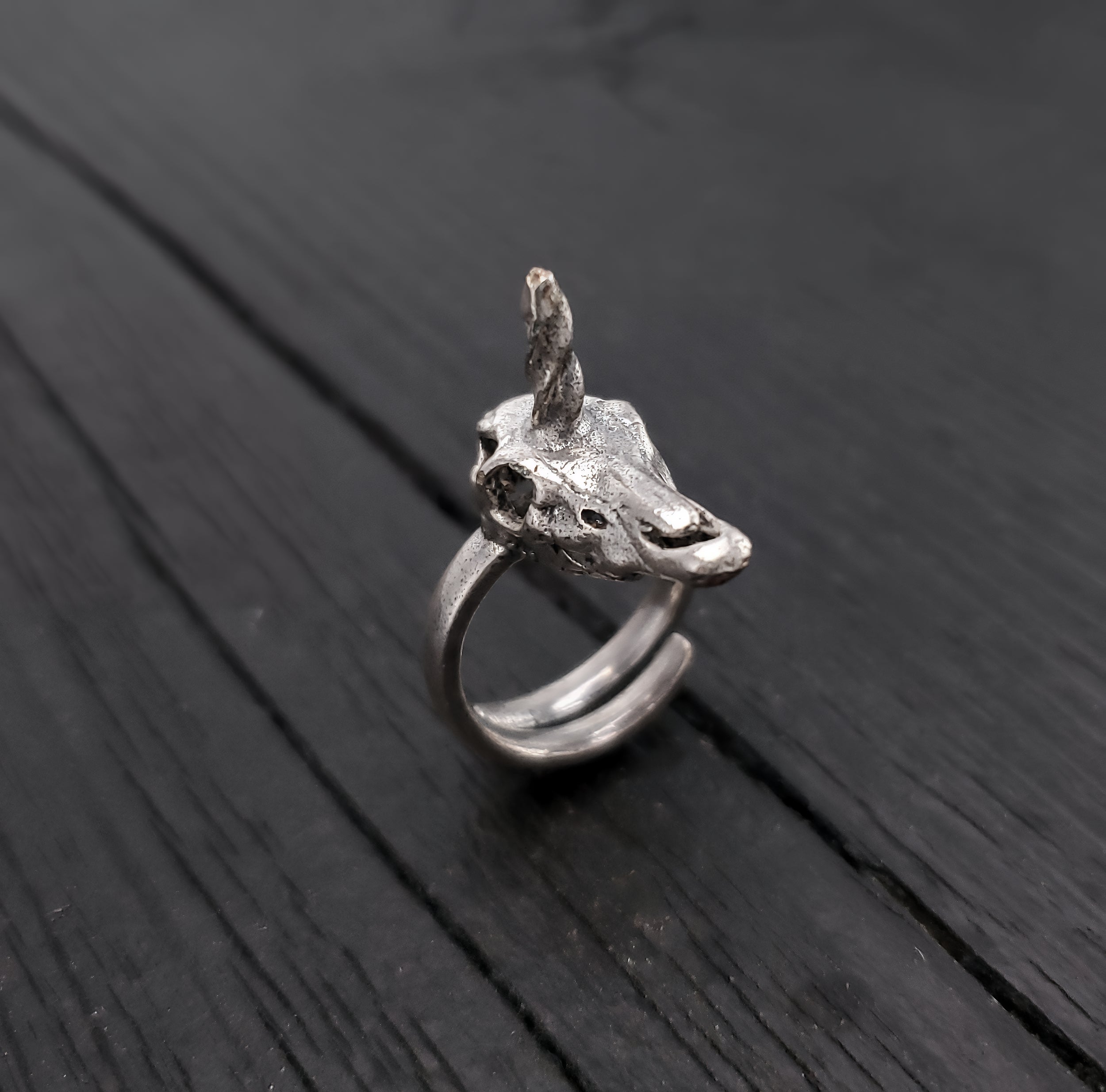 Unicorn Skull Ring - Solid Hand Cast Silver Plated Bronze - Polished Oxidised Finish - Sizes 5 to 11 Available - Rare Unique Gift for Her