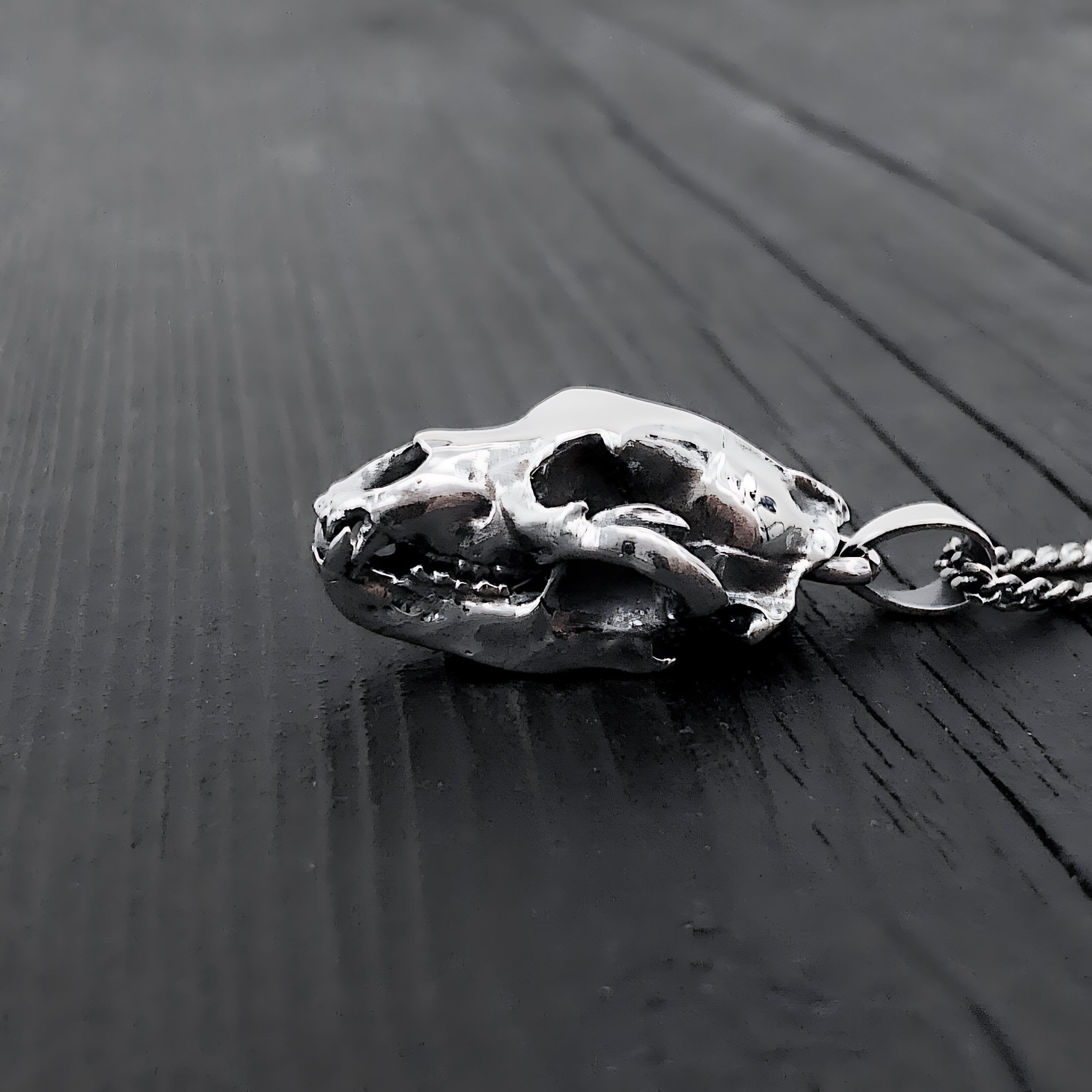 Grizzly Bear Skull Necklace - Solid Sterling Silver - Three Dimensional Detail - Polished Oxidized Finish - Multiple Chain Lengths