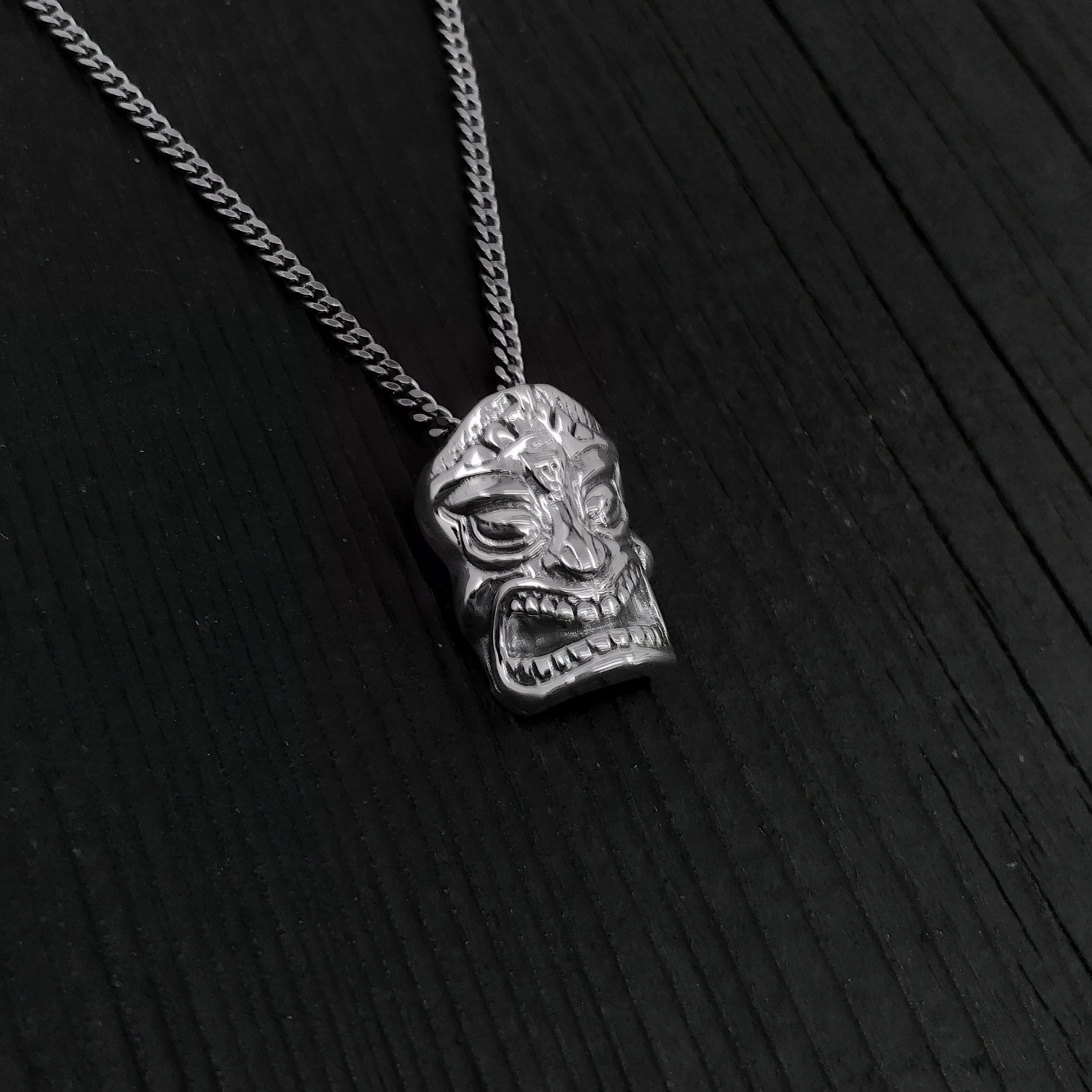 Sterling Silver Tiki Mask Pendant - Small 3/4" x 1/2" - Unique Layering Necklace with Hidden Bail