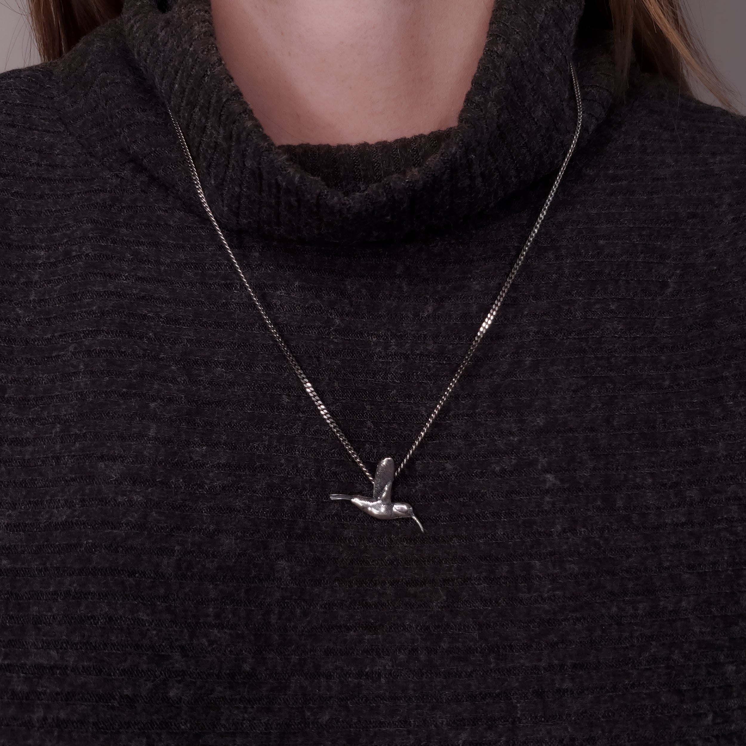 Hummingbird Charm Pendant Necklace - Solid Hand Cast 925 - Oxidized Polished Finish - Three dimensional Detail - Multiple Chain Lengths