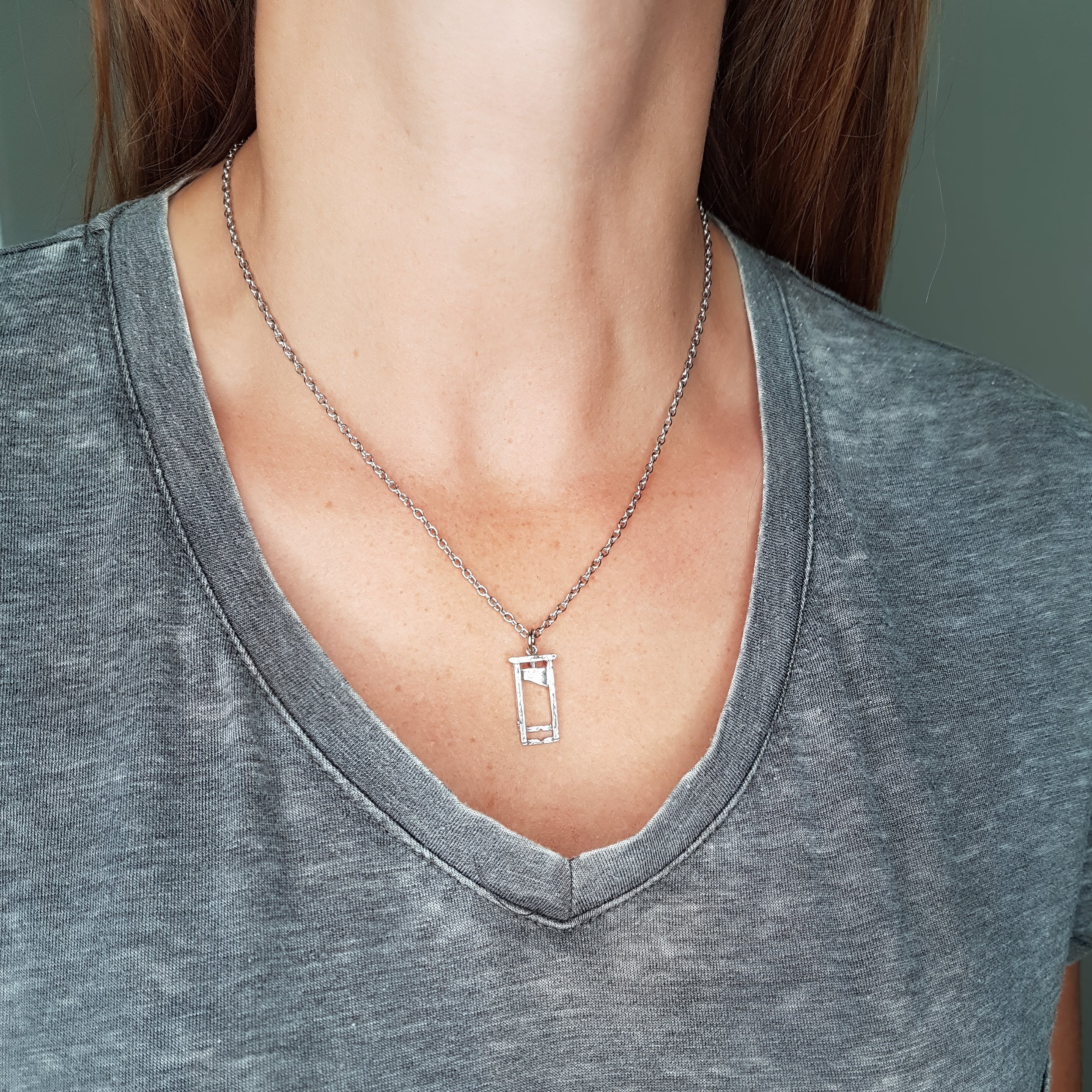 Small Guillotine Charm Pendant Necklace - Solid Hand Cast Bronze - Polished Oxidized Finish - Three Dimensional Detail