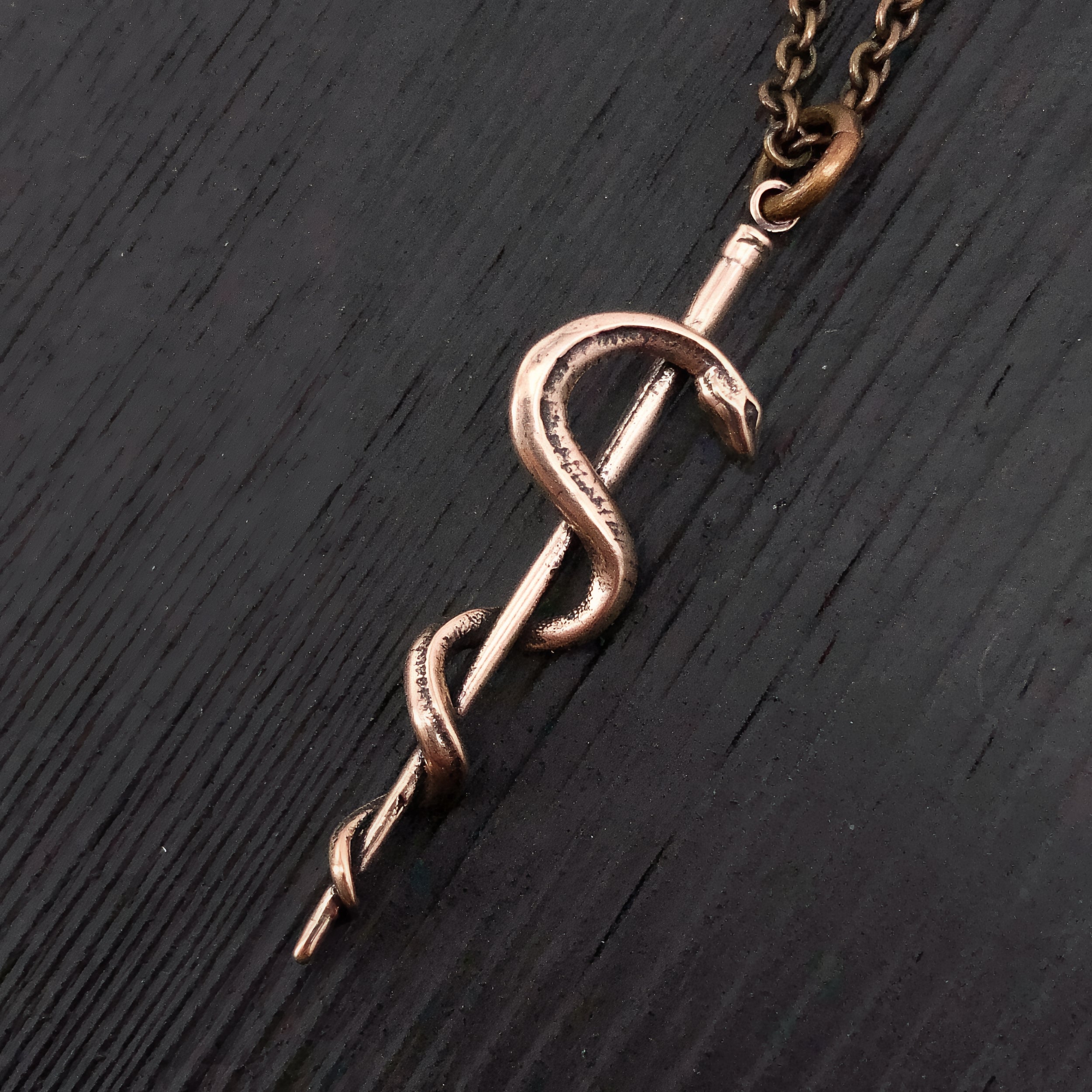 Rod Of Asclepius Pendant Necklace -Solid Hand Cast Bronze - Staff of Aesculapius - Medical First Responder Unisex Jewelry Gift