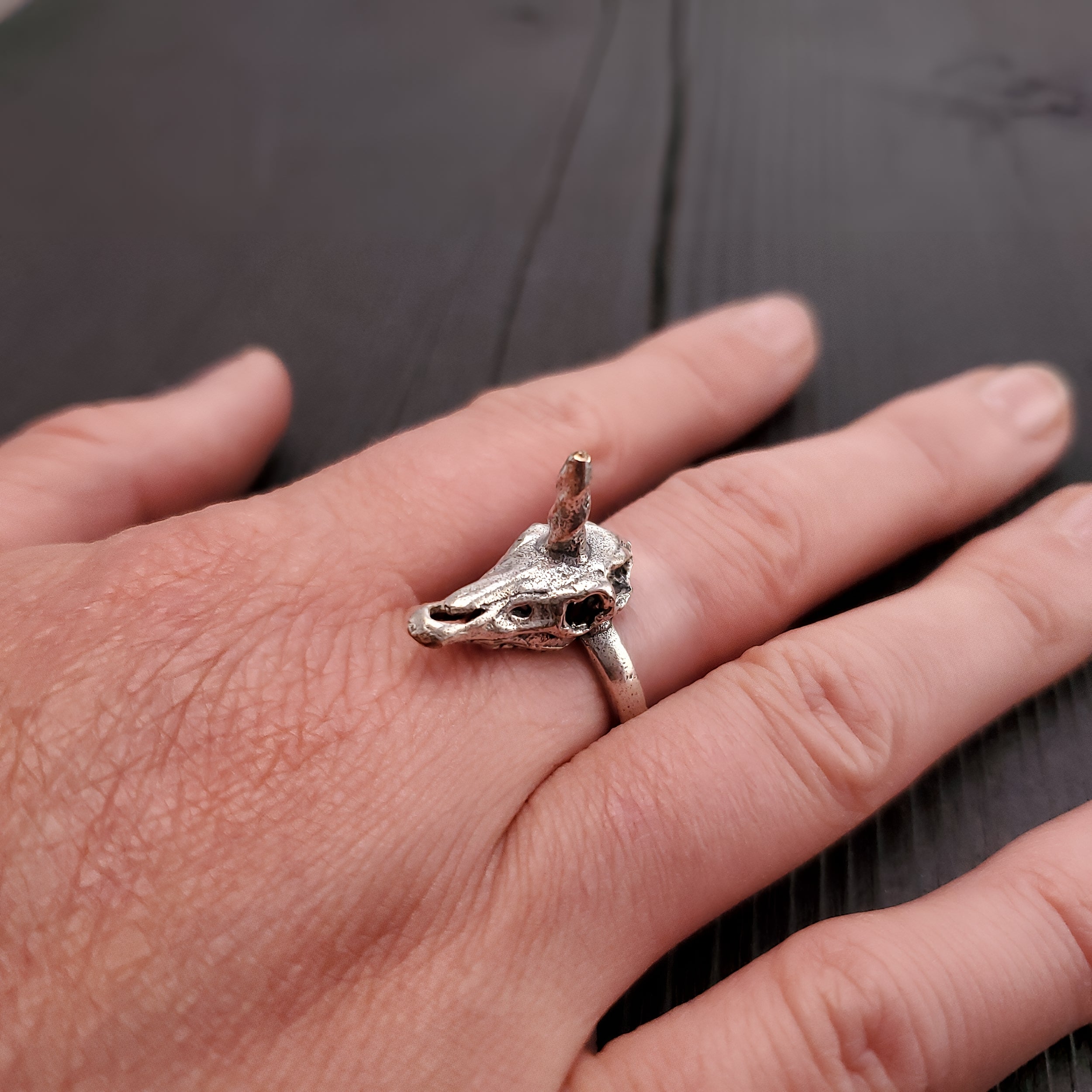 Unicorn Skull Ring - Solid Hand Cast Silver Plated Bronze - Polished Oxidised Finish - Sizes 5 to 11 Available - Rare Unique Gift for Her