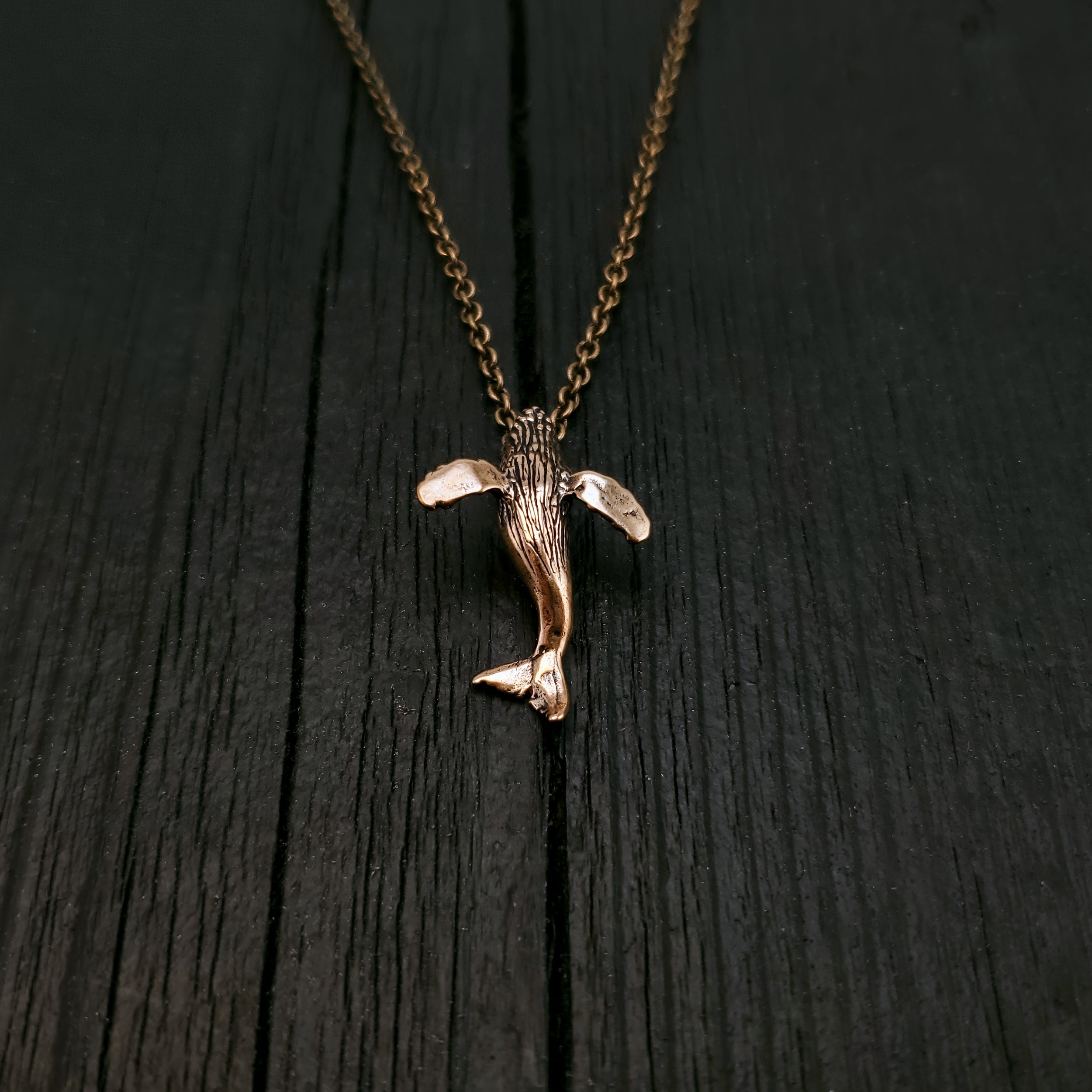 Whale Charm Pendant Necklace - Solid Hand Cast Bronze Breaching Humpback - Jewelry Gift for Him or Her