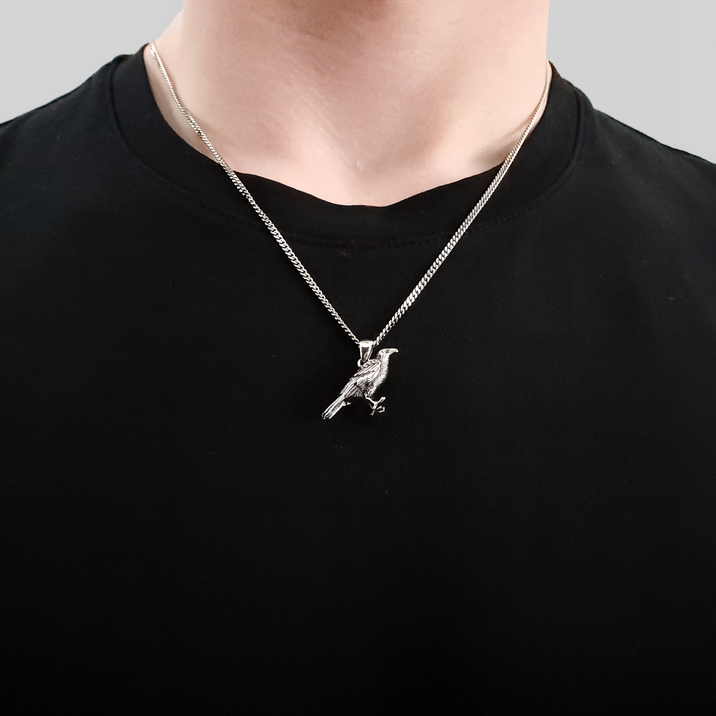 Silver Standing Raven Necklace Charm Pendant in Solid Hand Cast 925 Sterling Silver - Standing Crow Bird Unisex Nature Jewelry Gift