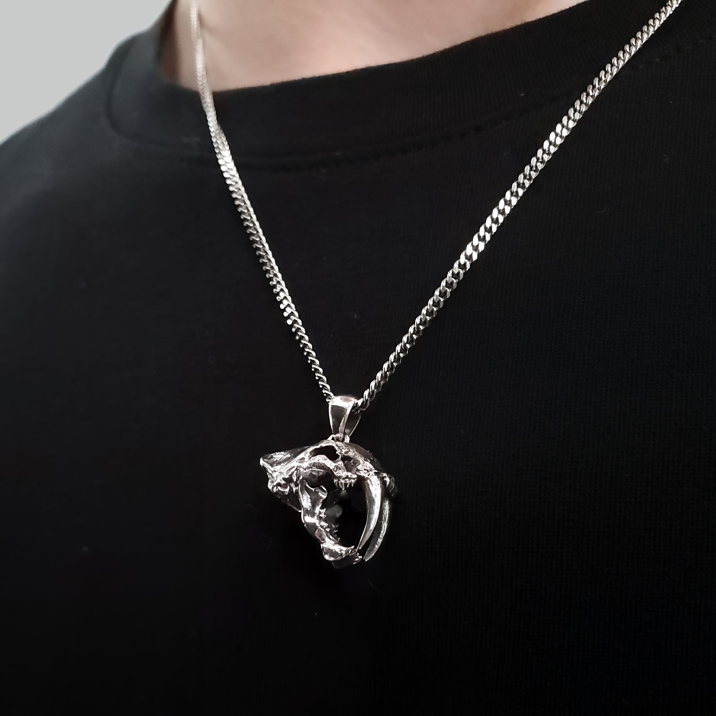 Sabre Tooth Animal Skull Charm Pendant Necklace - Solid 925 Sterling Silver - Unisex Ice Age Smilodon Inspired Jewelry Gift
