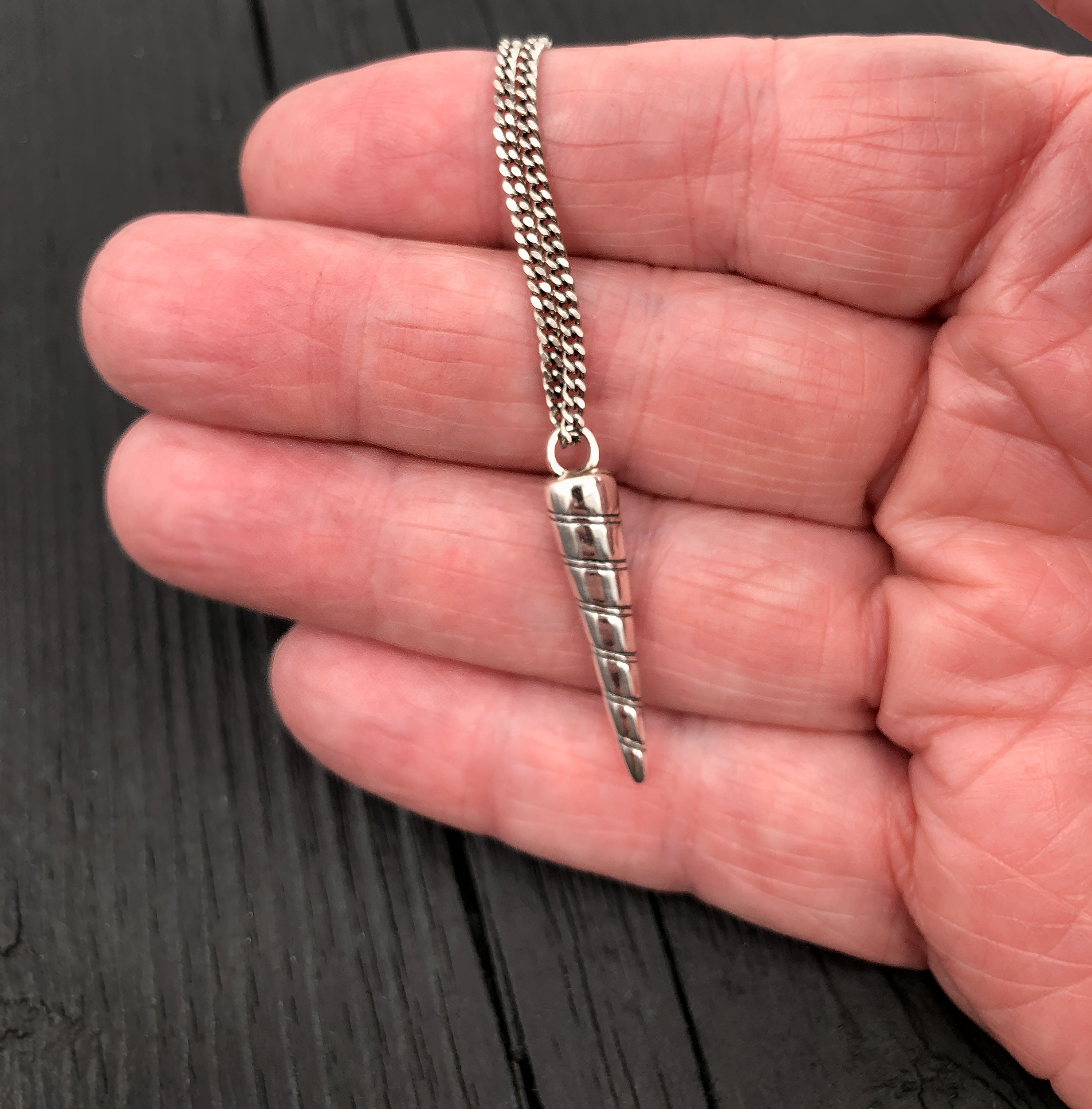 Silver necklace with a unique pendant held in a hand against a dark background