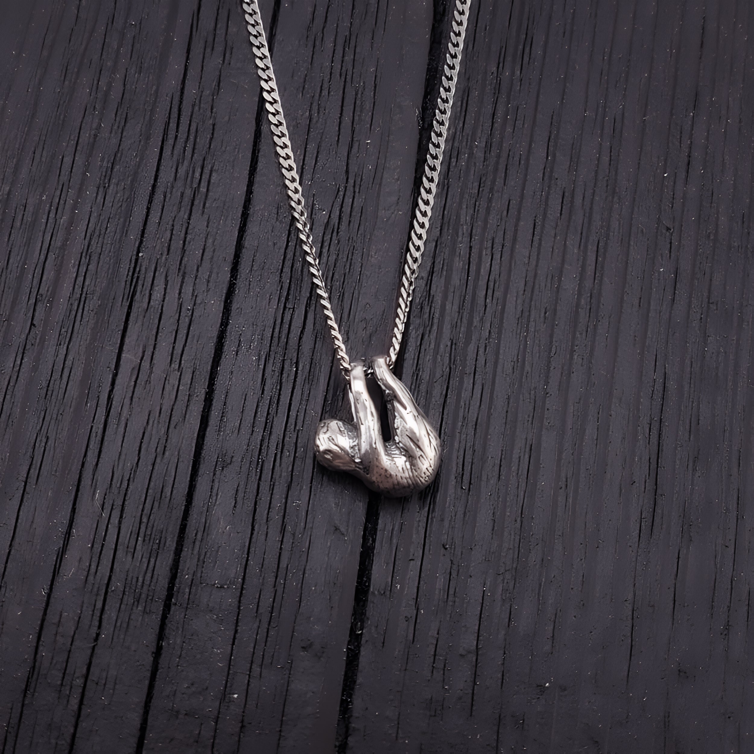 Baby Sloth Charm Pendant Necklace Solid Cast 925 Sterling Silver Three Dimensional Polished Oxidized Finish - Moon Raven Designs