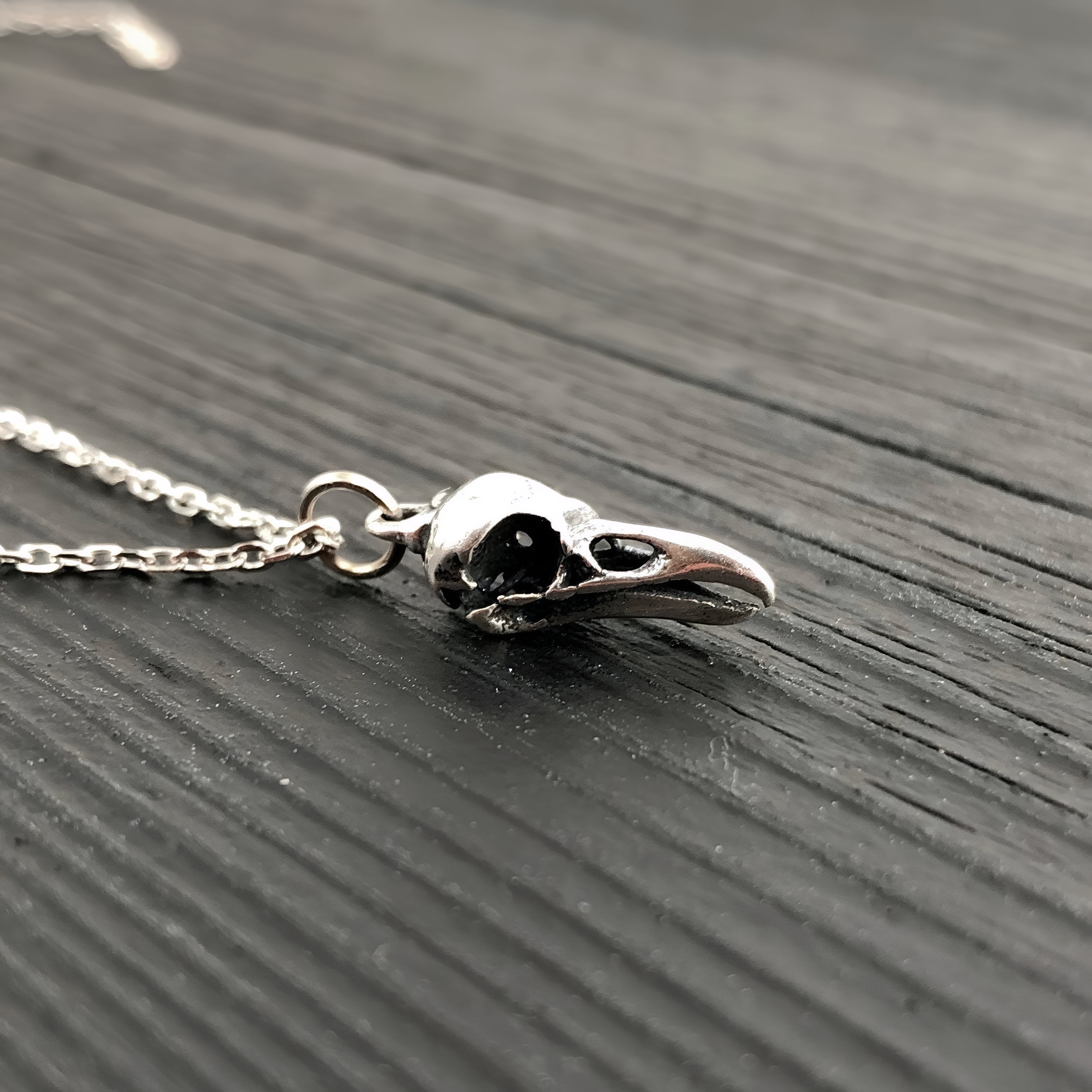Tiny Sterling Silver Raven Skull Charm Necklace- Solid Hand Cast 925 Sterling Silver - Unique Nature Gift For Her