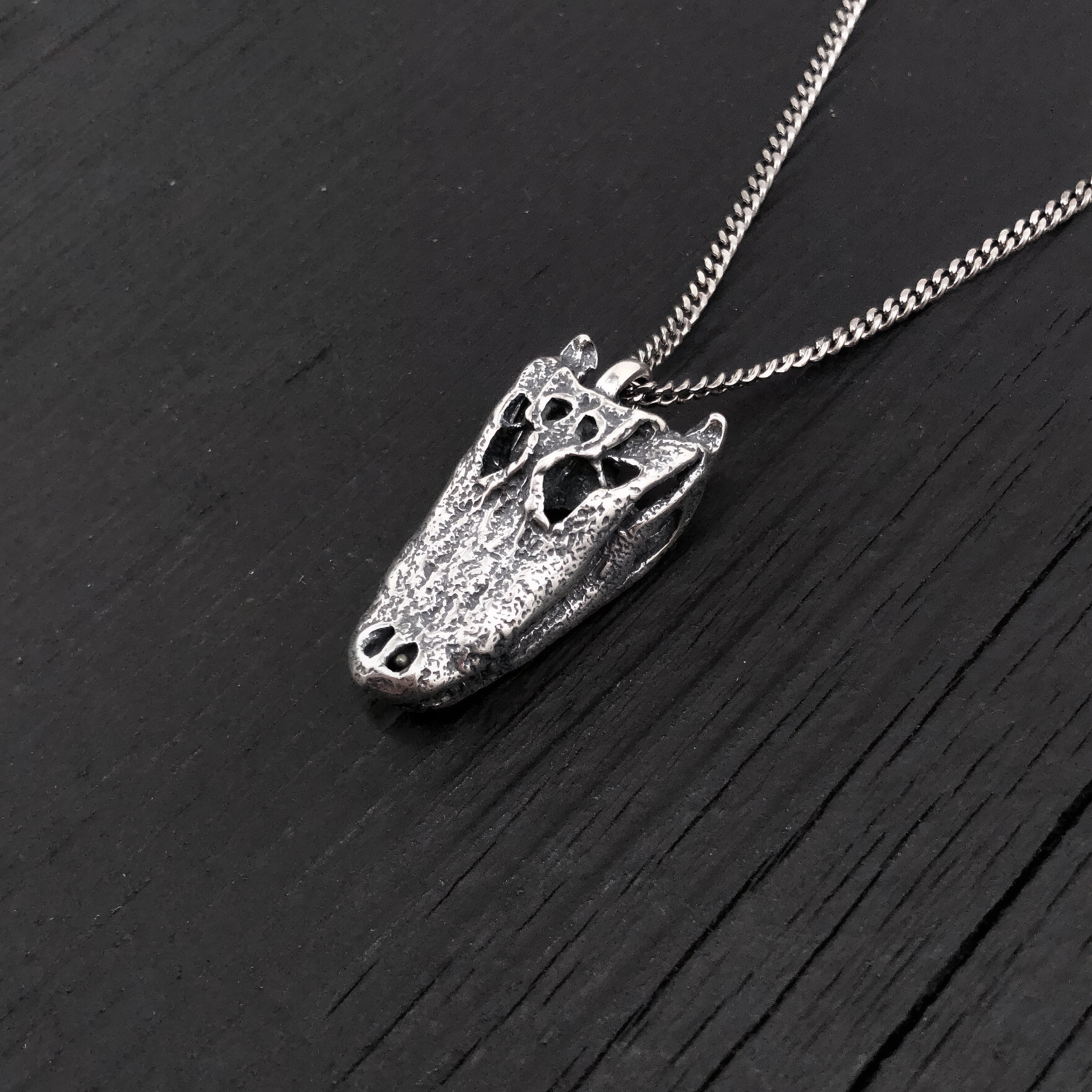 American Alligator Skull Pendant Necklace - Solid Hand Cast Sterling Silver - Polished Oxidised Finish - Multiple Chain Lengths Available