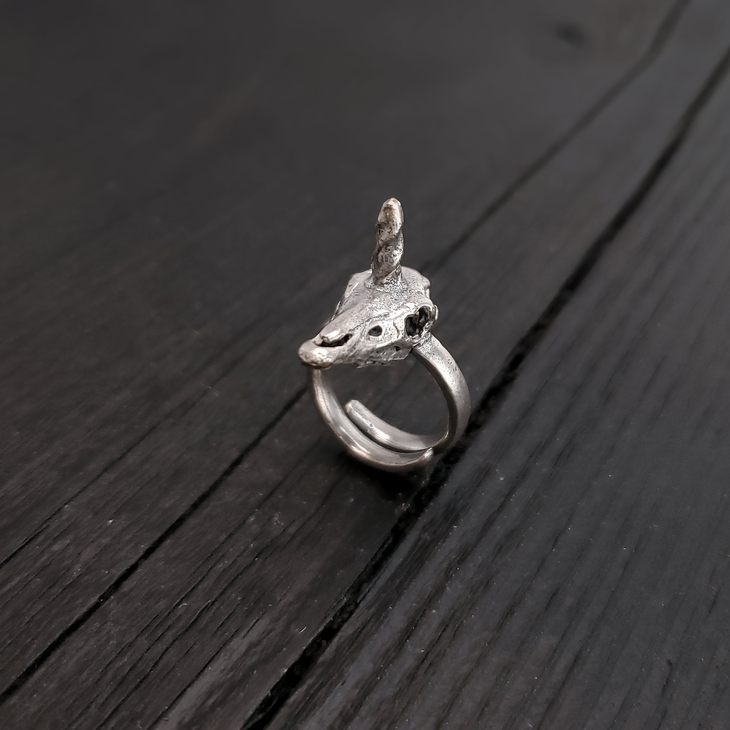 Unicorn Skull Ring - Solid Hand Cast Silver Plated Bronze - Polished Oxidised Finish - Sizes 5 to 11 Available - Rare Unique Gift for Her