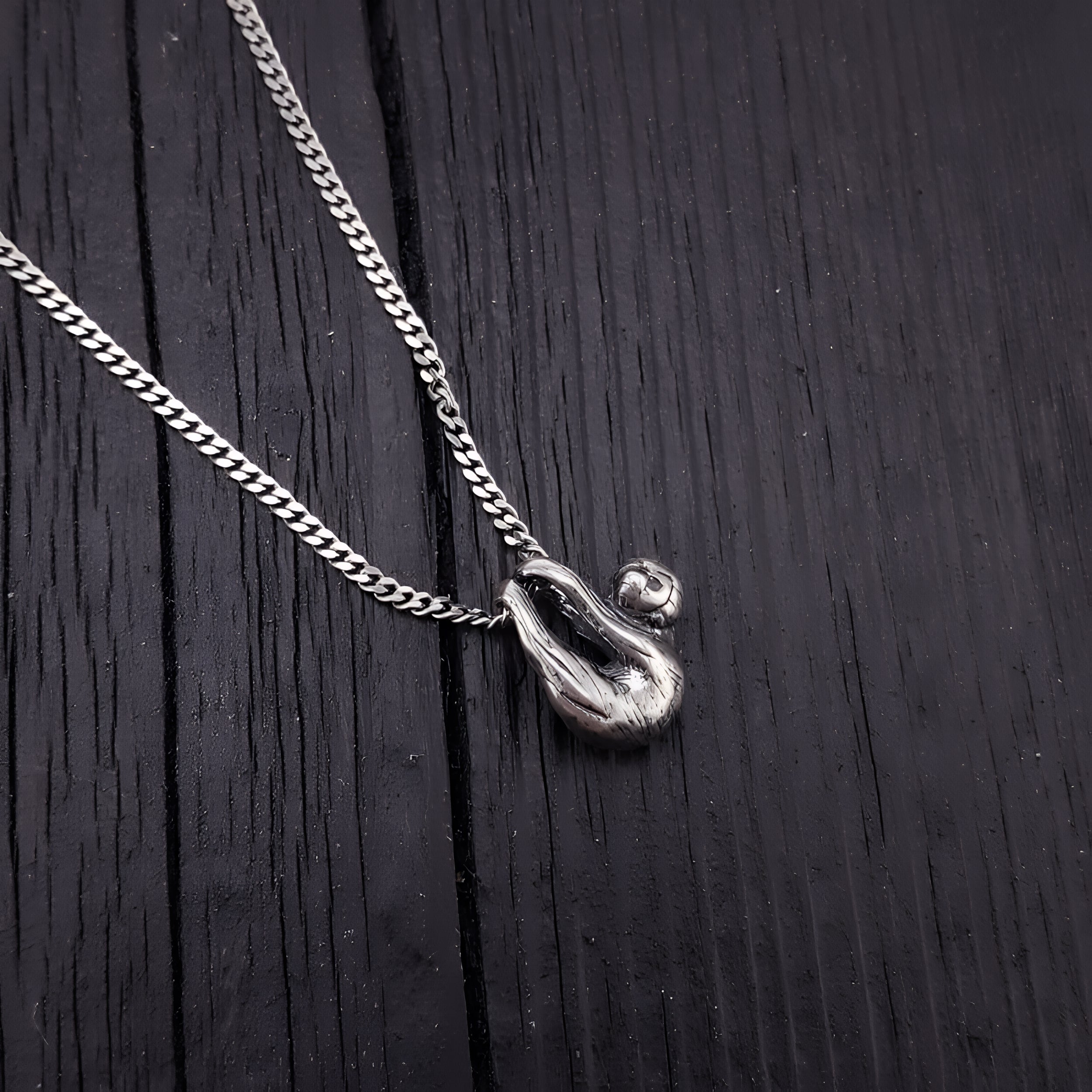 Baby Sloth Charm Pendant Necklace Solid Cast 925 Sterling Silver Three Dimensional Polished Oxidized Finish - Moon Raven Designs