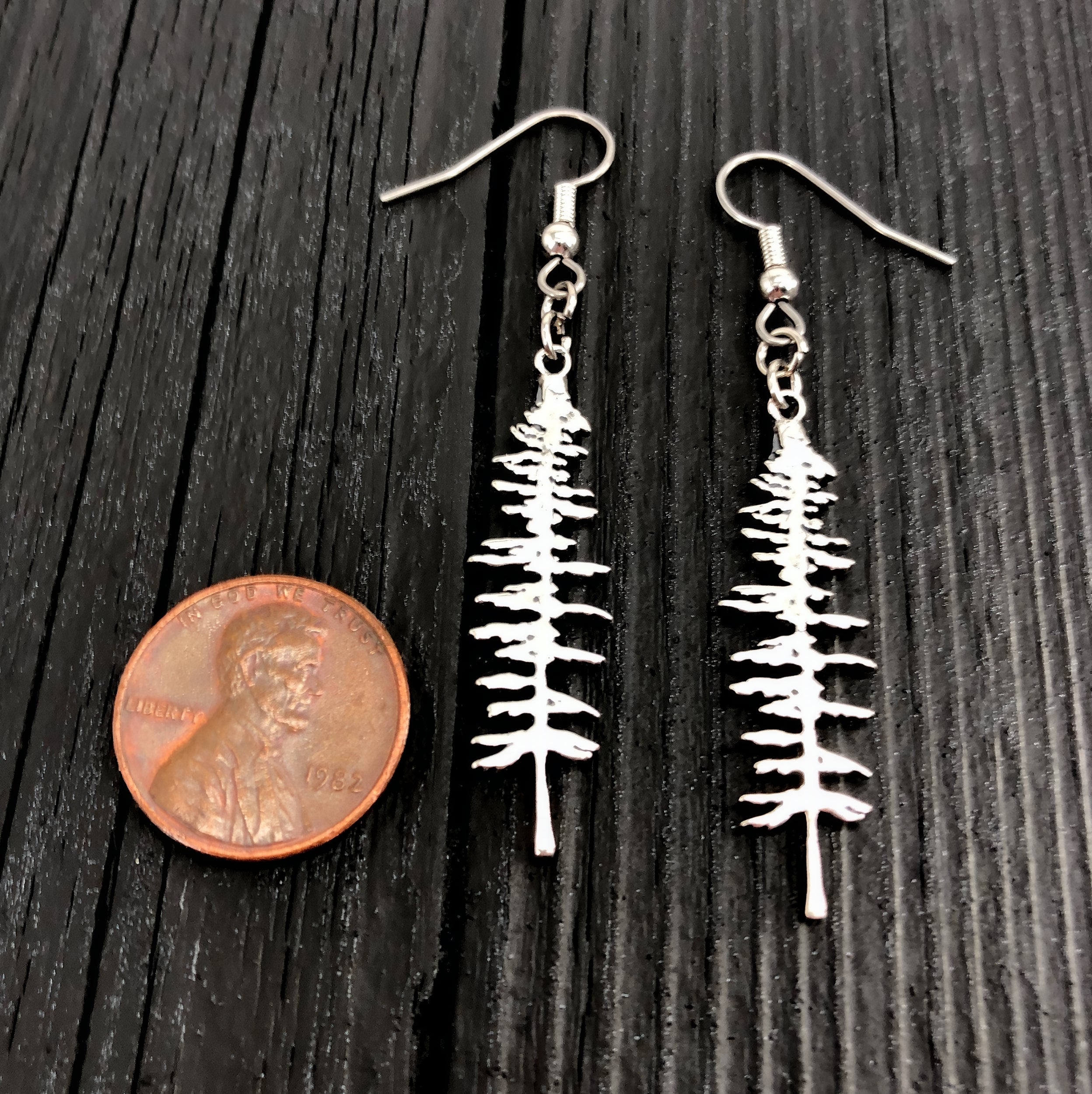 Silver Sitka Spruce Tree Silhouette Earrings  Solid Cast 925 Sterling Silver Polished Finish