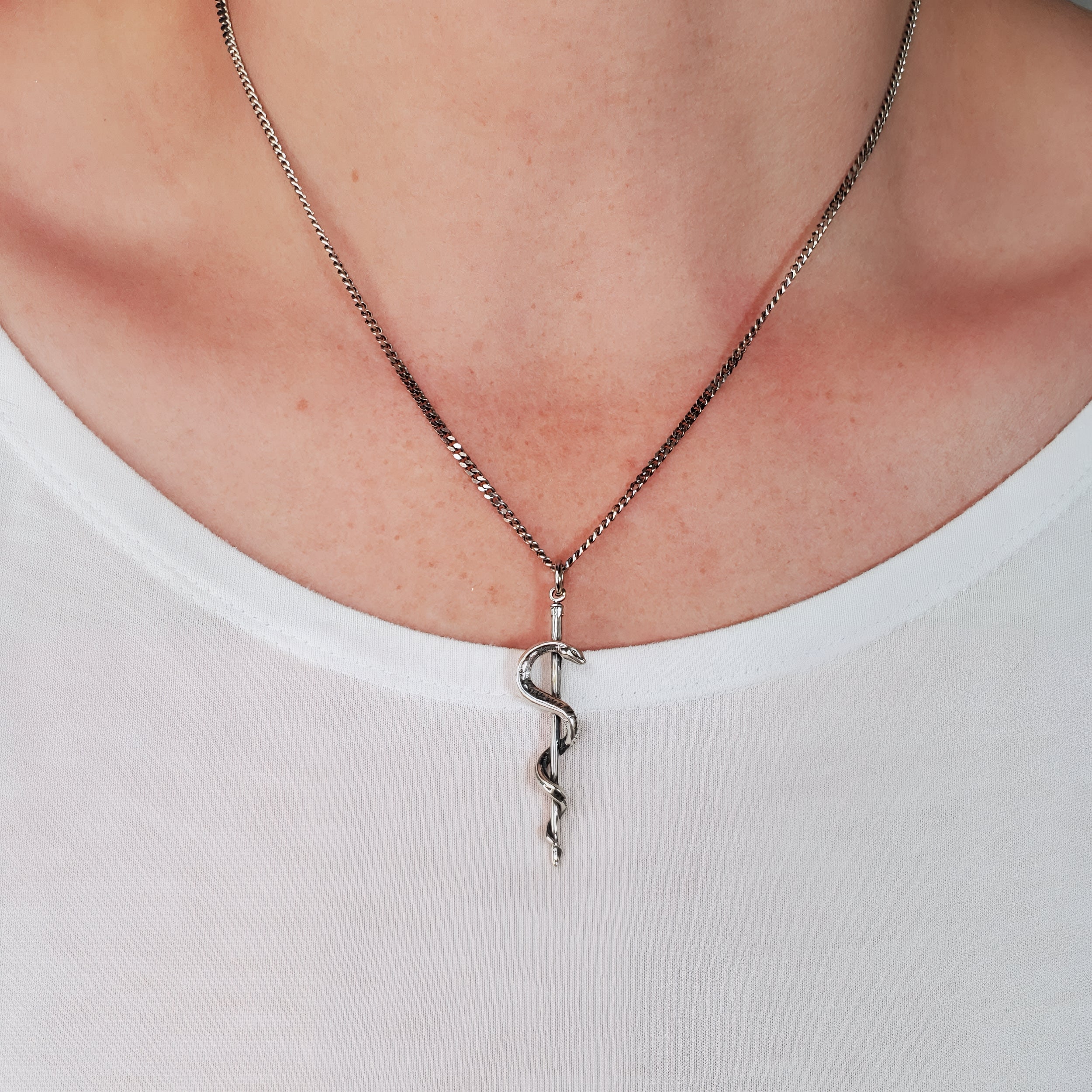 Rod Of Asclepius Pendant Necklace -Solid Hand Cast Bronze - Staff of Aesculapius - Medical First Responder Unisex Jewelry Gift