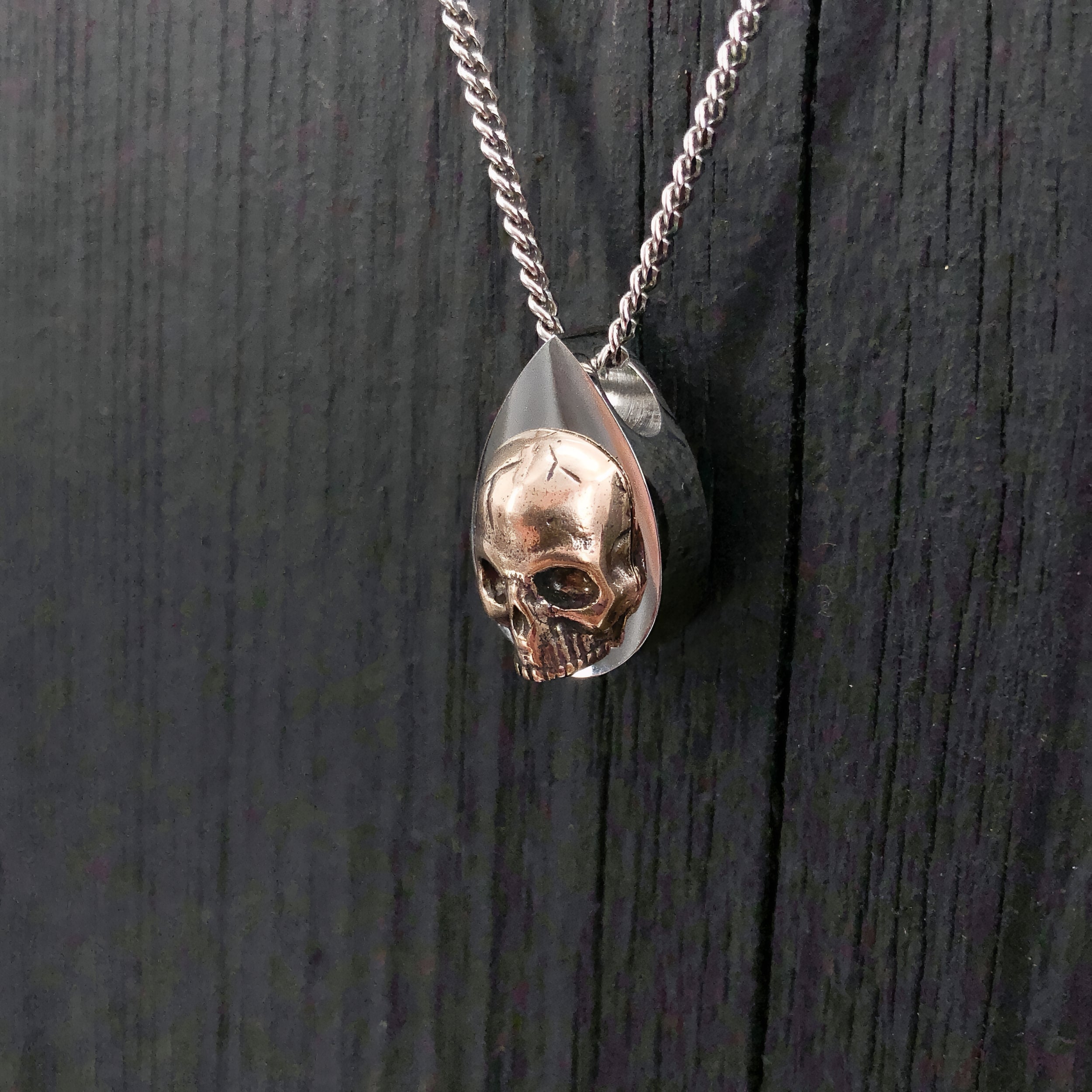 Human Skull Tear Drop Cremation Ash Urn Necklace - Bronze on Stainless Steel - Custom Engraved Personalized Mourning Urn