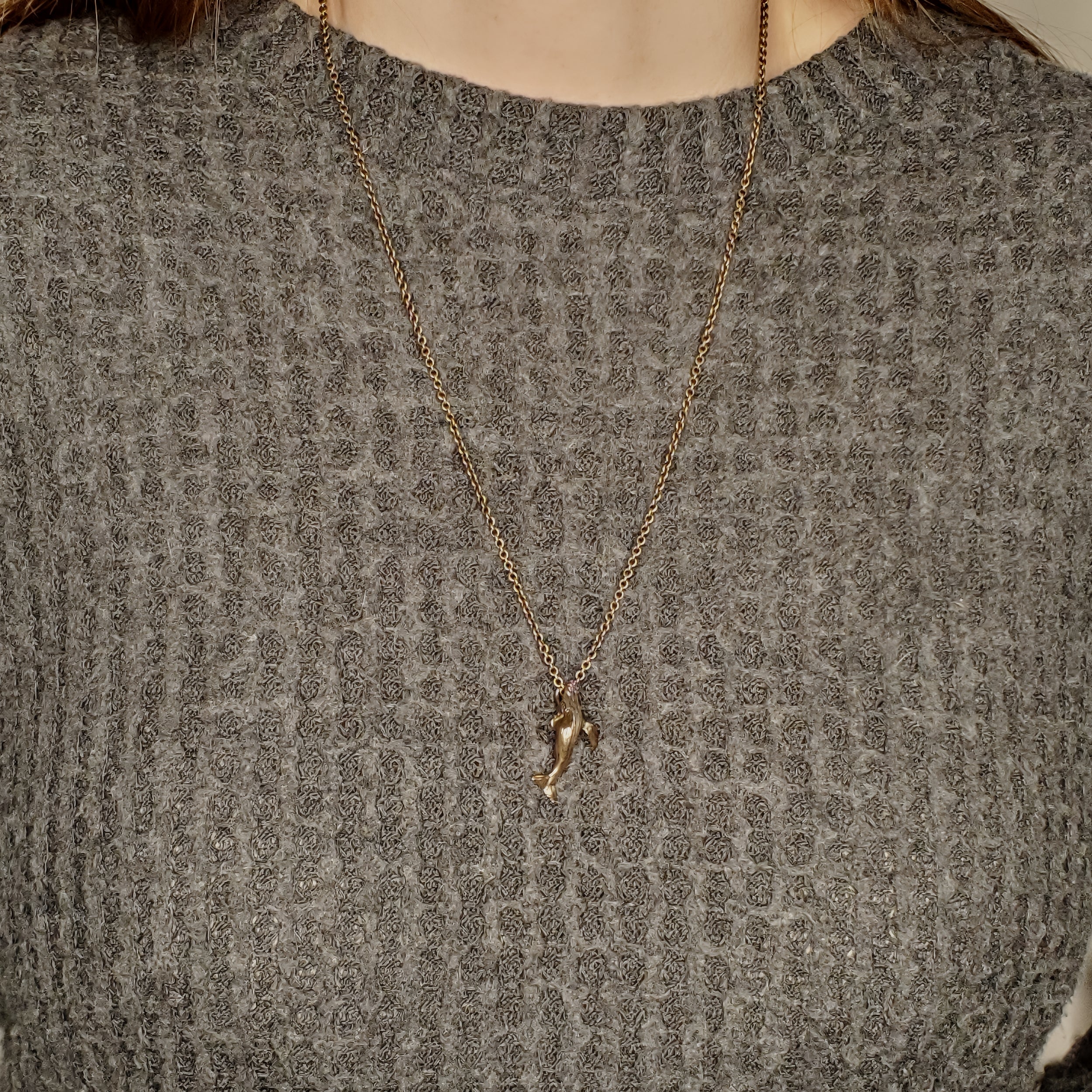 Whale Charm Pendant Necklace - Solid Hand Cast Bronze Breaching Humpback - Jewelry Gift for Him or Her