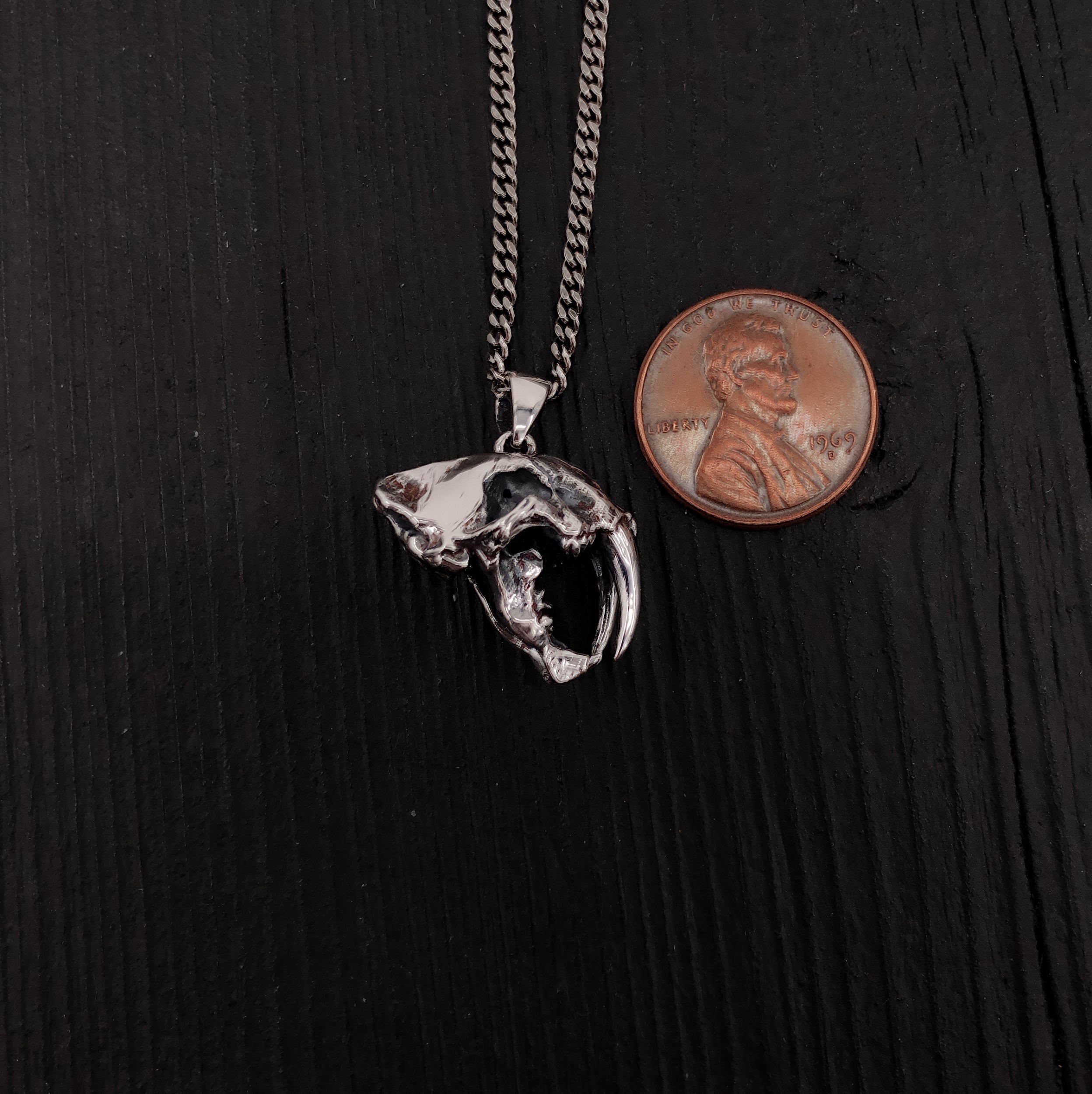 Sabre Tooth Animal Skull Charm Pendant Necklace - Solid 925 Sterling Silver - Unisex Ice Age Smilodon Inspired Jewelry Gift