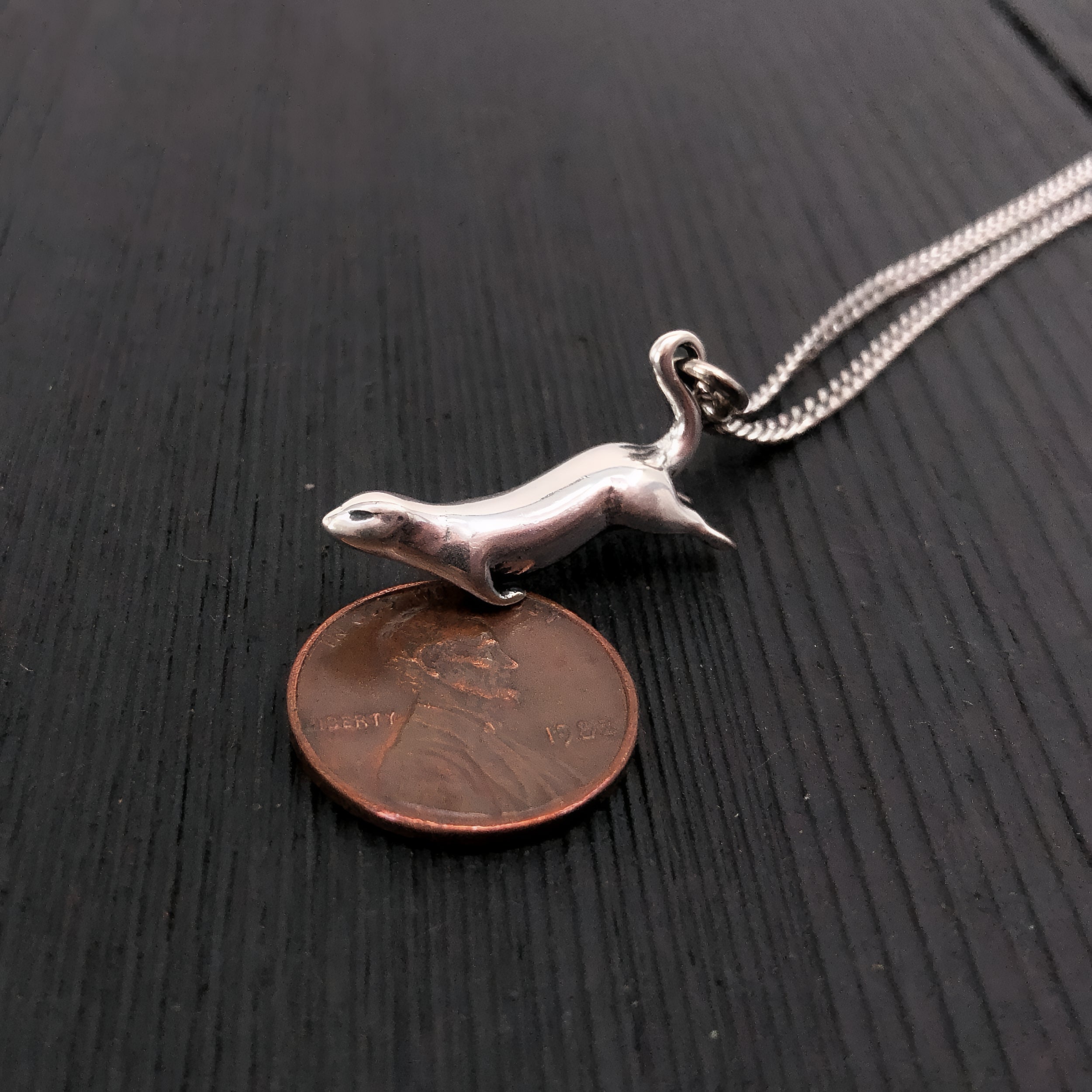 Diving Sea Otter Pendant Charm Necklace - Solid 925 Sterling Silver- Oxidized Hand Polished Finish - Multiple Chain Lengths - Animal Jewelry