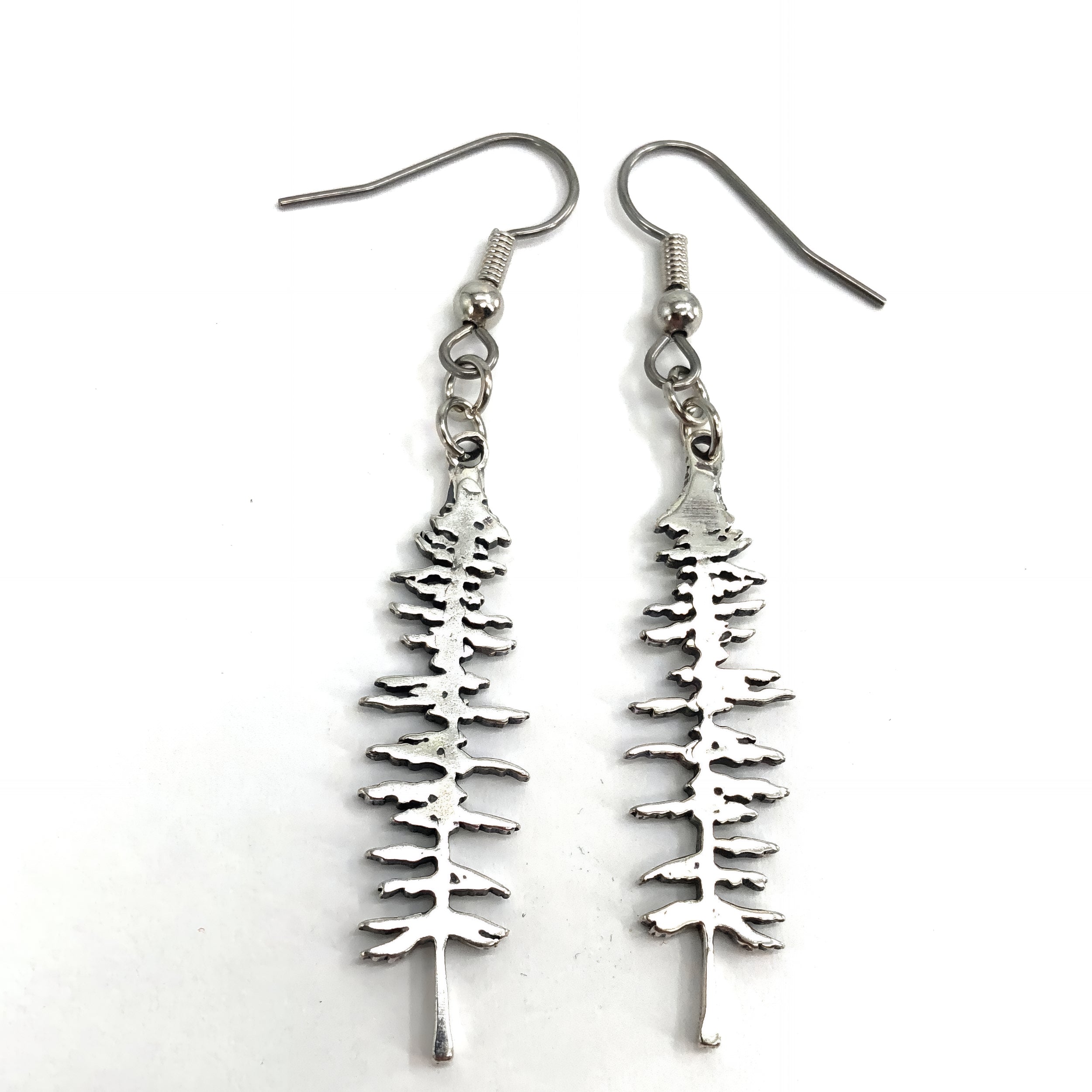 Silver Sitka Spruce Tree Silhouette Earrings  Solid Cast 925 Sterling Silver Polished Finish