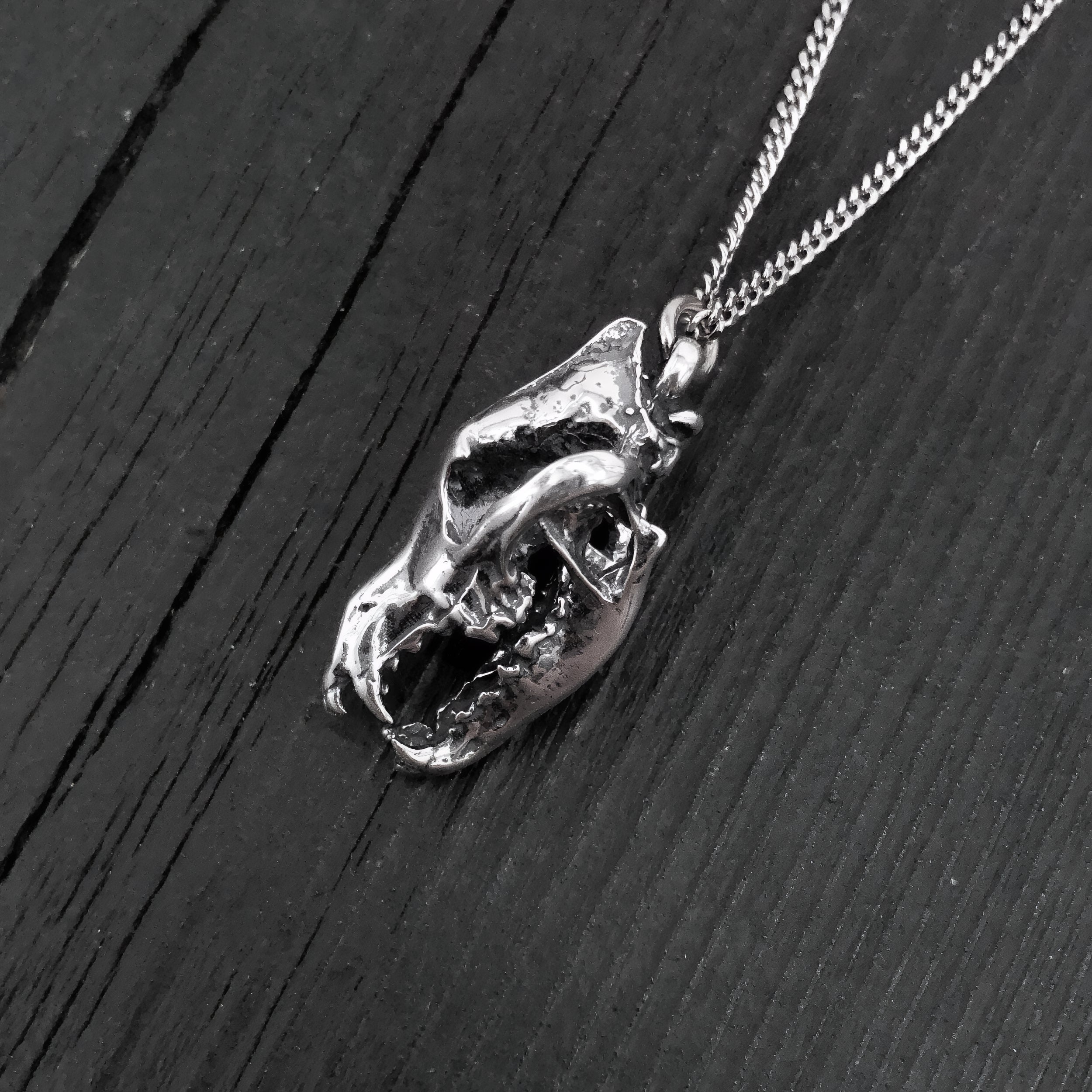 Grey Wolf Skull Pendant Necklace - Solid Sterling Silver - Dark Oxidized Finish - Multiple Chain Lengths - Animal Jewelry