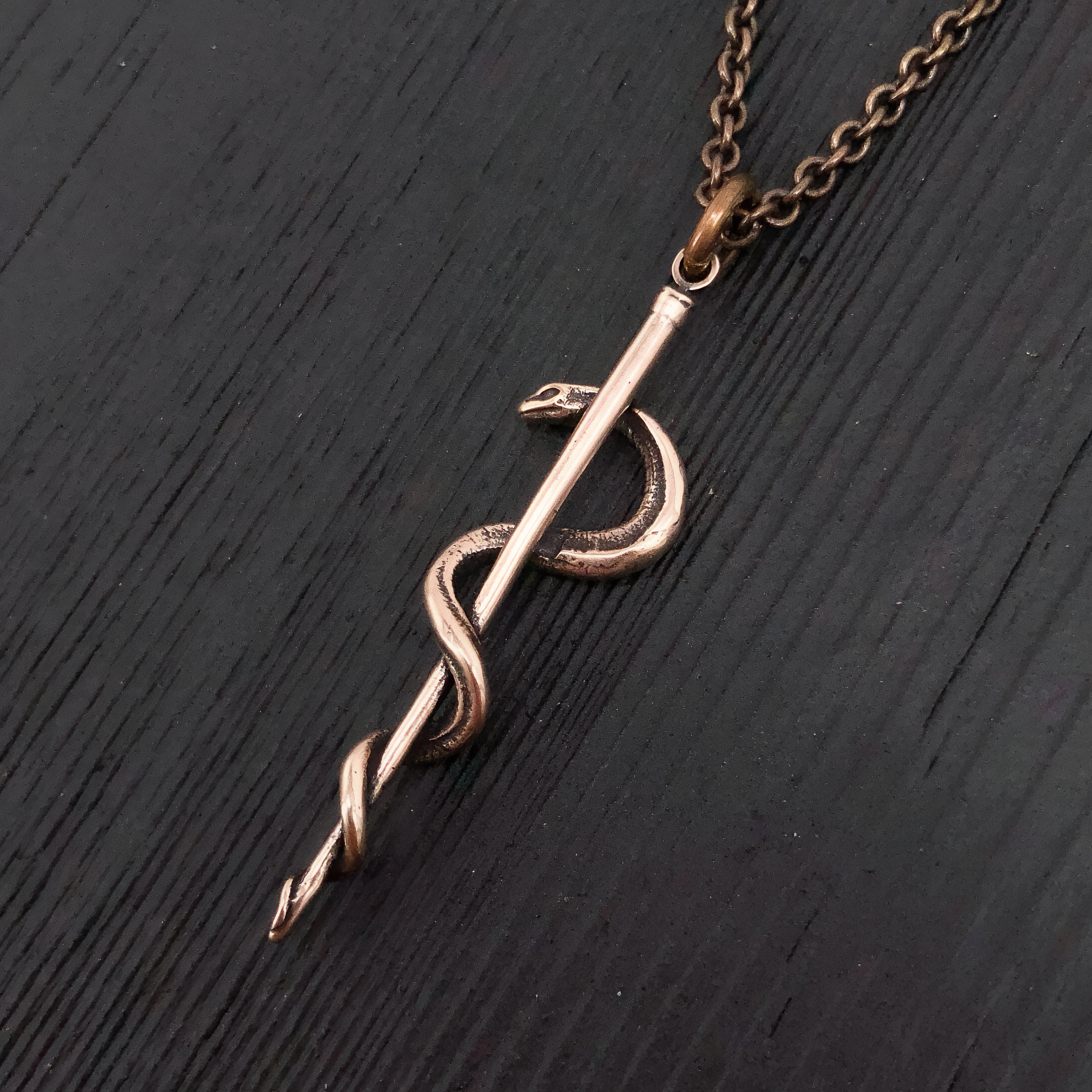 Rod Of Asclepius Pendant Necklace -Solid Hand Cast Bronze - Staff of Aesculapius - Medical First Responder Unisex Jewelry Gift