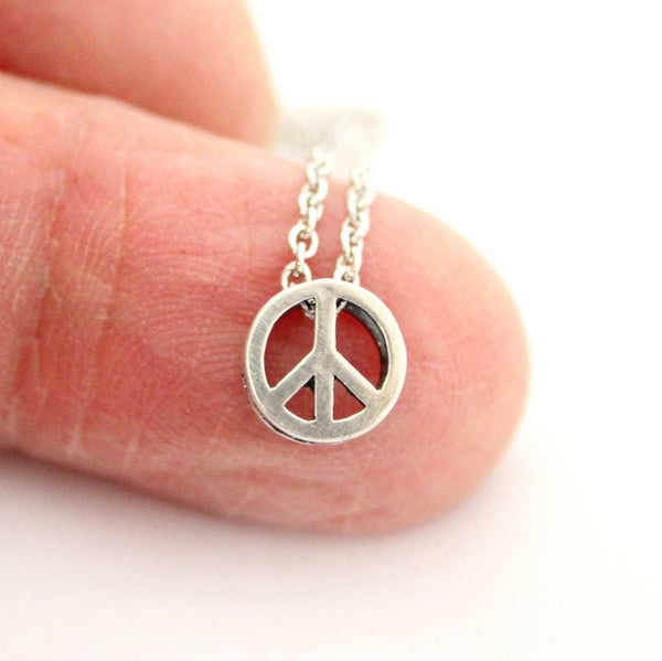 Tiny Peace Sign Charm Necklace in Solid Sterling Silver