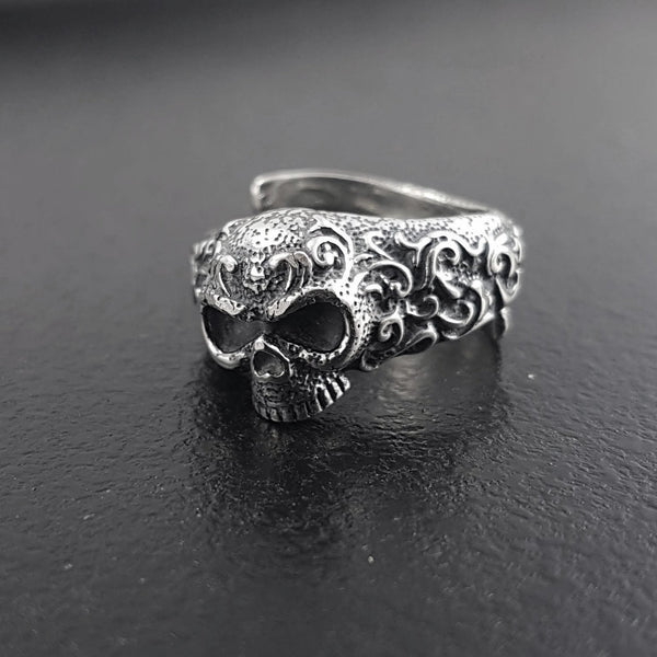 Ornate Sugar Skull Ring - Solid Cast Oxidized .925 Sterling Silver - Day of the Dead - Unisex Sizes 5 to 13 Available - Unique Jewelry Gift