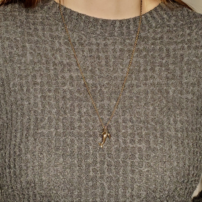 Whale Charm Pendant Necklace - Solid Hand Cast Bronze Breaching Humpback - Jewelry Gift for Him or Her