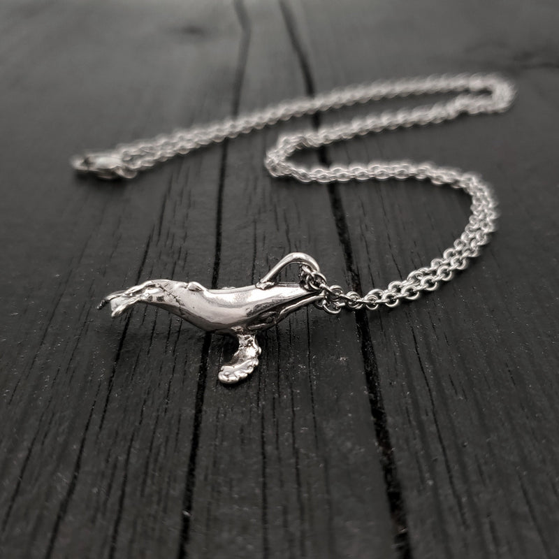 Breaching Humpback Whale Charm Pendant Necklace - Solid Hand Cast 925 Sterling Silver - Polished Finish - Jewelry Gift for Him or Her