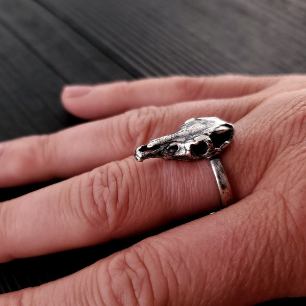 My horse skull ring is cast in silver plated bronze, oxidized in the recesses. It measures a mere 15/16&quot; (24mm) long and 3/8&quot; (10mm) at its widest point. It displays excellent refined design including the tiny incisors and molars.