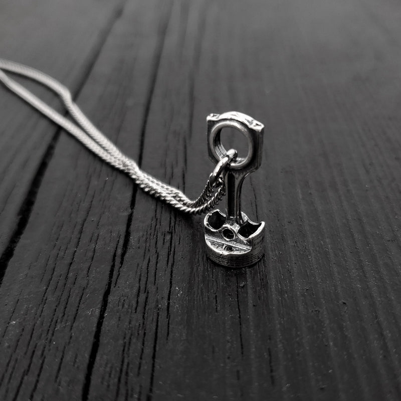 Piston and Rod Pendant Charm Necklace - Solid Cast 925 Sterling Silver - Polished Oxidized Finish - Multiple Chain Options - Mechanic Gift
