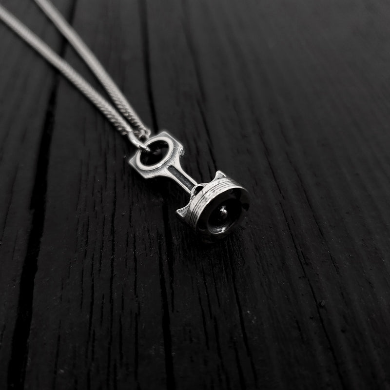 Piston and Rod Pendant Charm Necklace - Solid Cast 925 Sterling Silver - Polished Oxidized Finish - Multiple Chain Options - Mechanic Gift