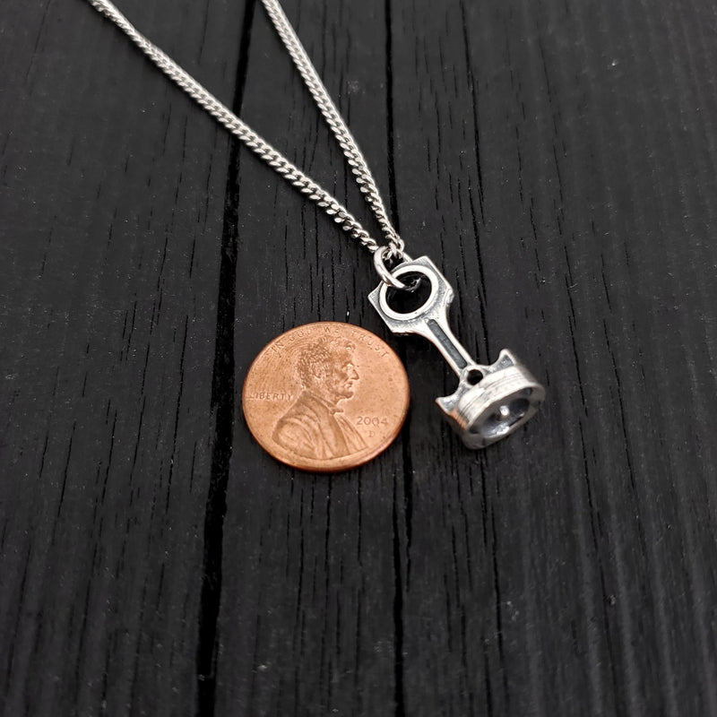 Piston and Rod Pendant Charm Necklace - Solid Cast 925 Sterling Silver - Polished Oxidized Finish - Multiple Chain Options - Mechanic Gift