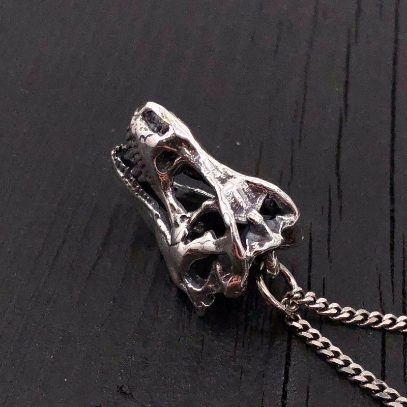 Silver T-Rex Skull Pendant Necklace in Solid Hand Cast Sterling Silver - Tyrannosaurus Rex - Rare and Unique Dinosaur Jewelry