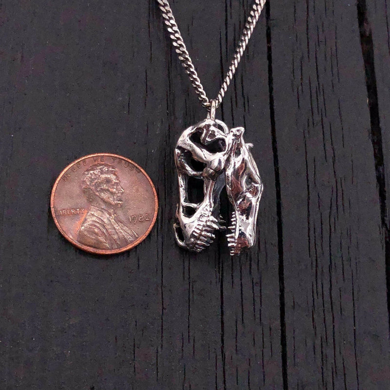 Silver T-Rex Skull Pendant Necklace in Solid Hand Cast Sterling Silver - Tyrannosaurus Rex - Rare and Unique Dinosaur Jewelry