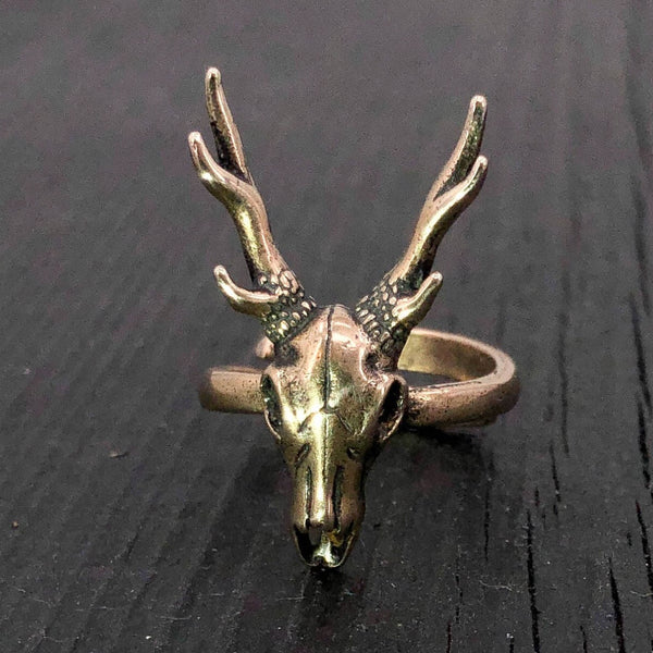 Stag Deer Skull Antler Ring in Solid Bronze - Sizes 5 to 11.5 - Unisex Woodland Nature Lover Gift