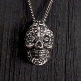 Sugar Skull Necklace – Floral Skull Pendant With Hand Burnished Finish