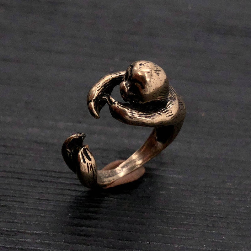 This little sloth ring is cast in solid bronze with an oxidized finish to enhance the details. He is available from a size 5 up to a size 8 and can be slightly adjusted for a perfect fit if necessary.