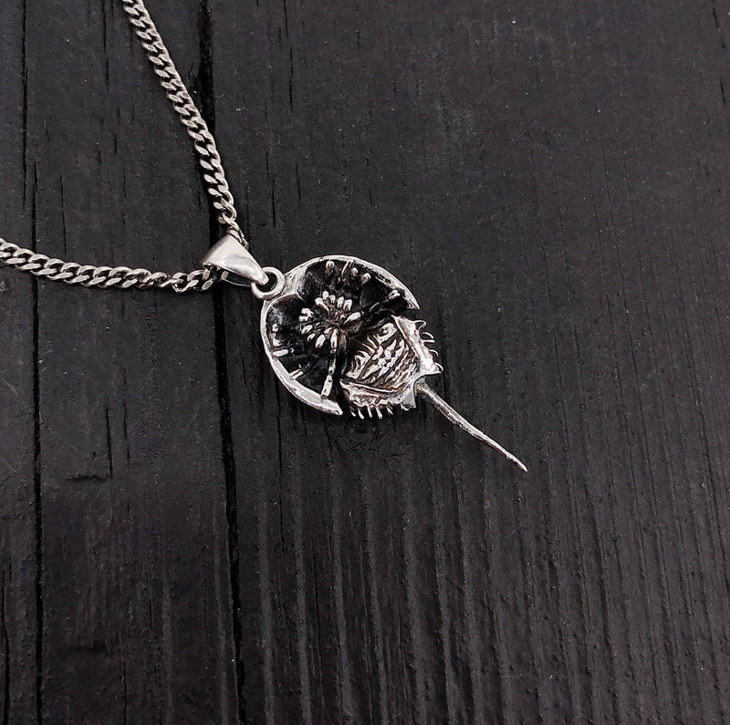 Sterling Silver Horseshoe Crab Pendant - Handcrafted Beachcombing Treasure, Detailed Reproduction