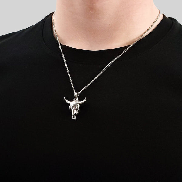 Solid Sterling Silver Bison Skull Necklace - Detailed Americana Jewelry - Unisex Statement Jewelry Gift