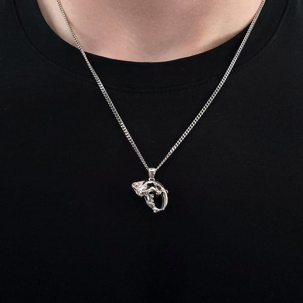 Sabre Tooth Animal Skull Charm Pendant Necklace - Solid 925 Sterling Silver - Unisex Ice Age Smilodon Inspired Jewelry Gift