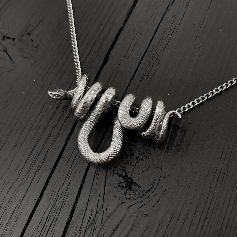 Hanging Viper Snake Pendant Necklace in Solid Hand Cast 925 Sterling Silver - Unisex Statement Jewelry Gift for Snake Lover